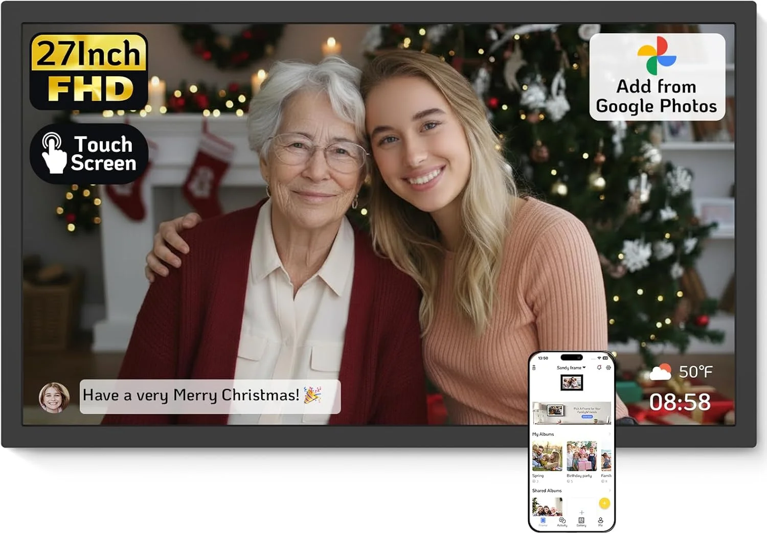 قاب عکس دیجیتال لمسی 27 اینچی NexFoto، قاب عکس الکترونیکی وای فای FHD، قاب دیجیتال 64 گیگابایتی، اضافه کردن عکس از Google Photos، آپلود ویدیو، هدیه برای خانه نویی، مشکی