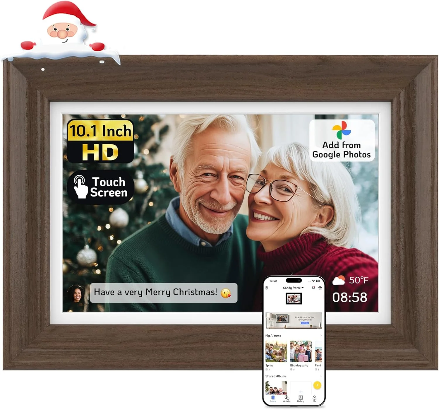 قاب عکس دیجیتال چوبی 10.1 اینچی NexFoto با صفحه لمسی، HD 1280x800 64 گیگابایت WiFi، اضافه کردن عکس از Google Photos، اشتراک گذاری ویدیو از طریق برنامه/USB/Micro SD، هدیه برای مادر/تولد (گردویی)