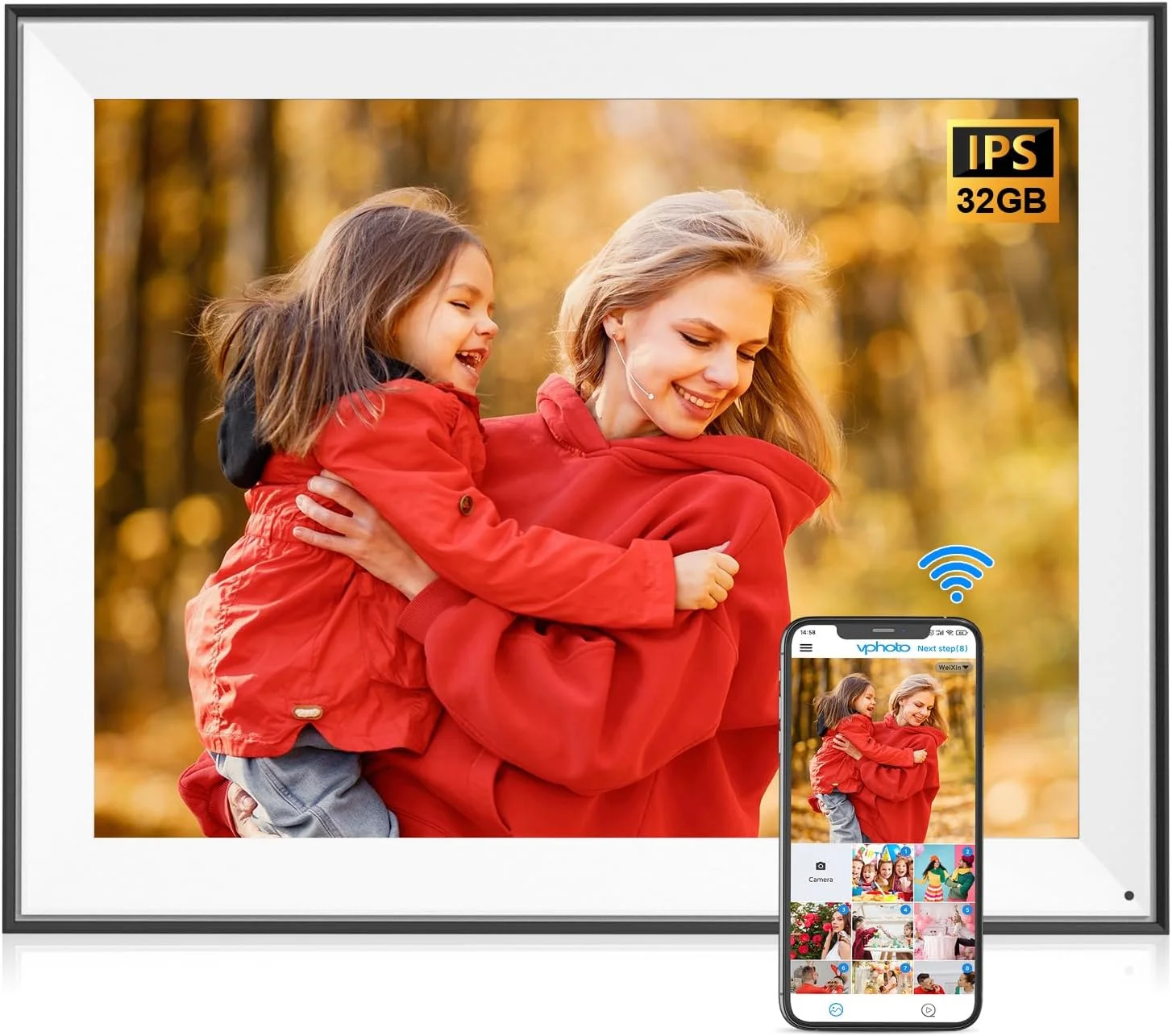 قاب عکس دیجیتال بزرگ 17 اینچی - قاب دیجیتال دوگانه وای فای 32 گیگابایتی، چرخش خودکار، عملکردهای کامل، قابلیت نصب روی دیوار، فضای ذخیره سازی ابری نامحدود، اشتراک گذاری فوری عکس ها و فیلم ها