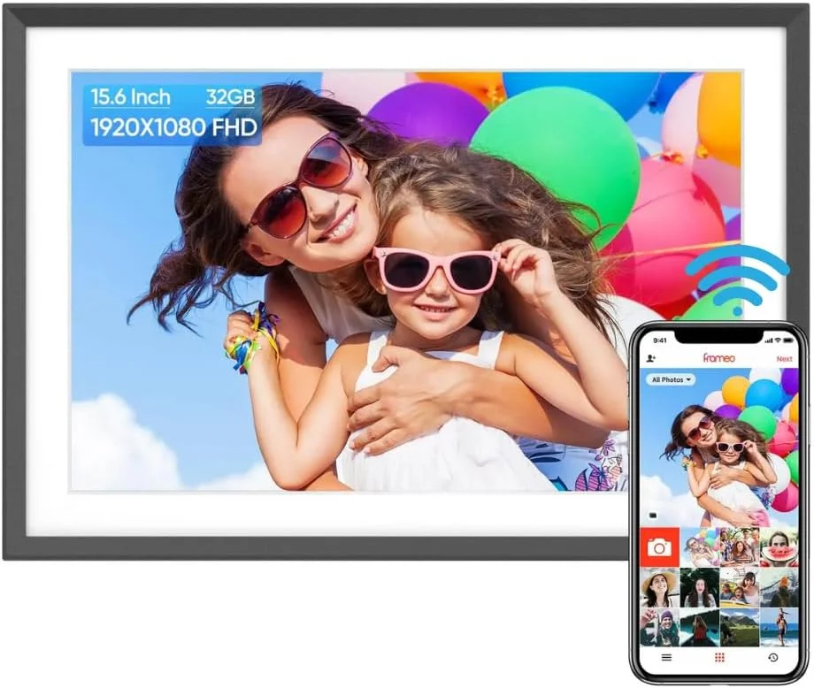 قاب عکس دیجیتال 15.6 اینچی 2K HD با صفحه لمسی IPS و وای فای، حافظه داخلی 32 گیگابایتی، رم 2 گیگابایتی، پشتیبانی از کارت SD، چرخش خودکار، اشتراک گذاری عکس ها و فیلم ها از طریق برنامه Frameo