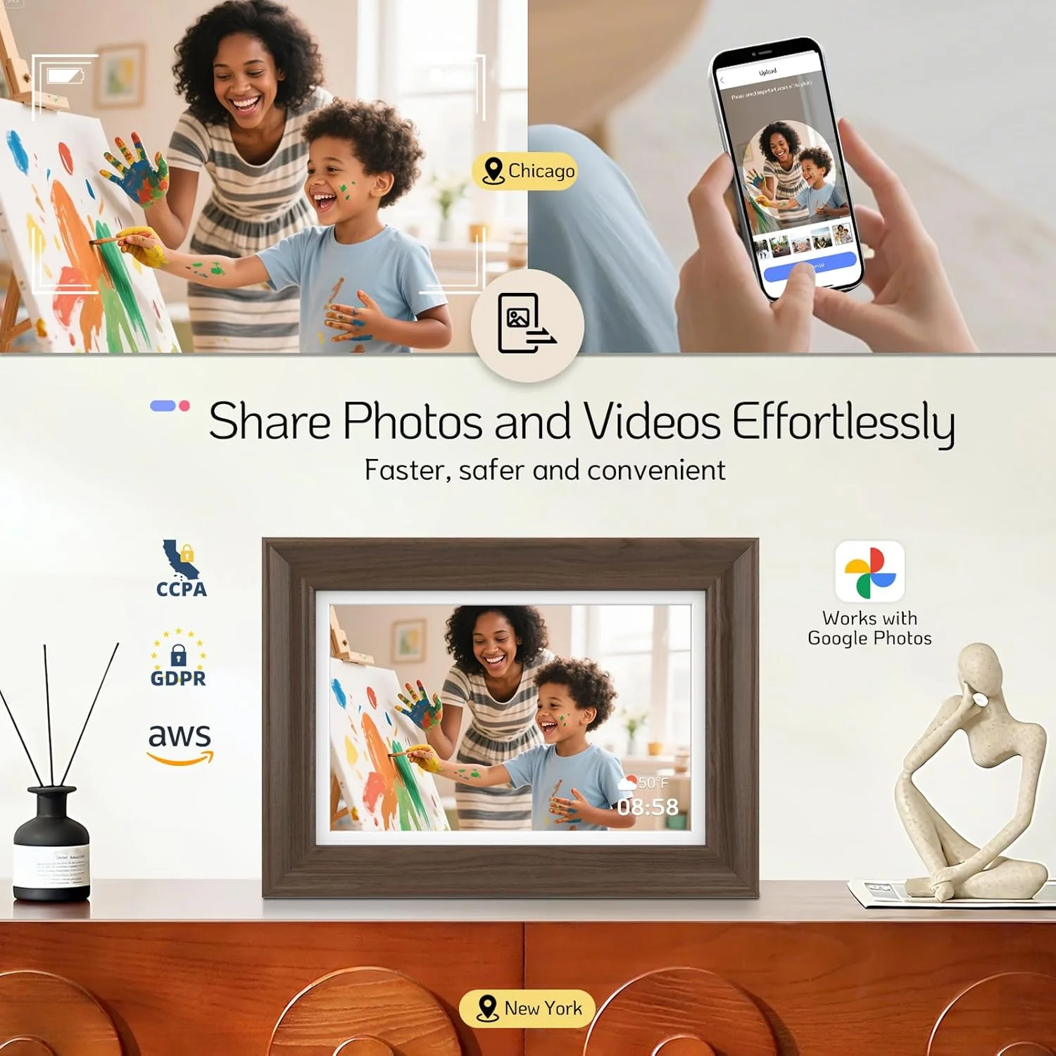 قاب عکس دیجیتال چوبی 10.1 اینچی NexFoto با صفحه لمسی، HD 1280x800 64 گیگابایت WiFi، اضافه کردن عکس از Google Photos، اشتراک گذاری ویدیو از طریق برنامه/USB/Micro SD، هدیه برای مادر/تولد (گردویی)