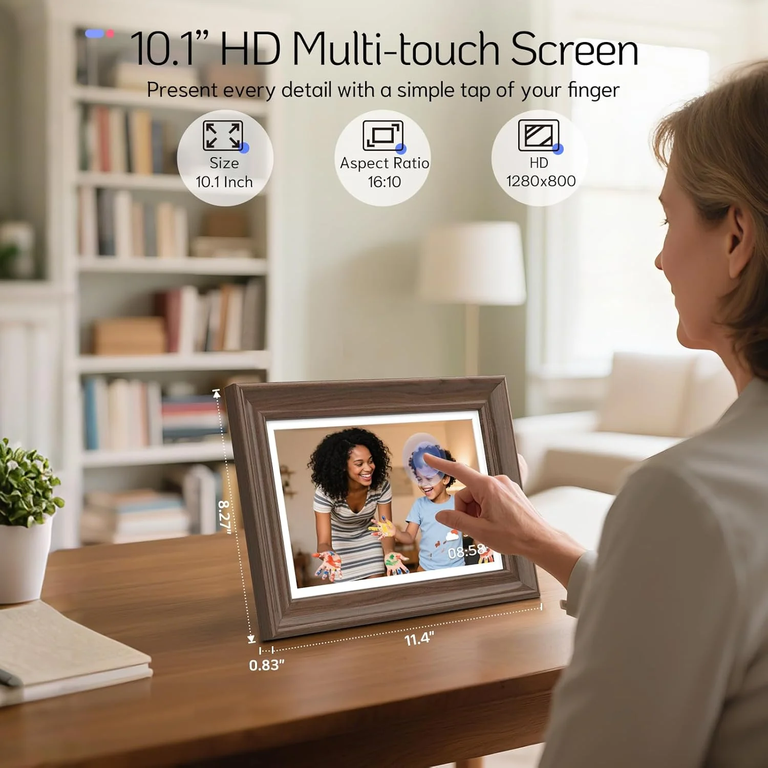 قاب عکس دیجیتال چوبی 10.1 اینچی NexFoto با صفحه لمسی، HD 1280x800 64 گیگابایت WiFi، اضافه کردن عکس از Google Photos، اشتراک گذاری ویدیو از طریق برنامه/USB/Micro SD، هدیه برای مادر/تولد (گردویی)