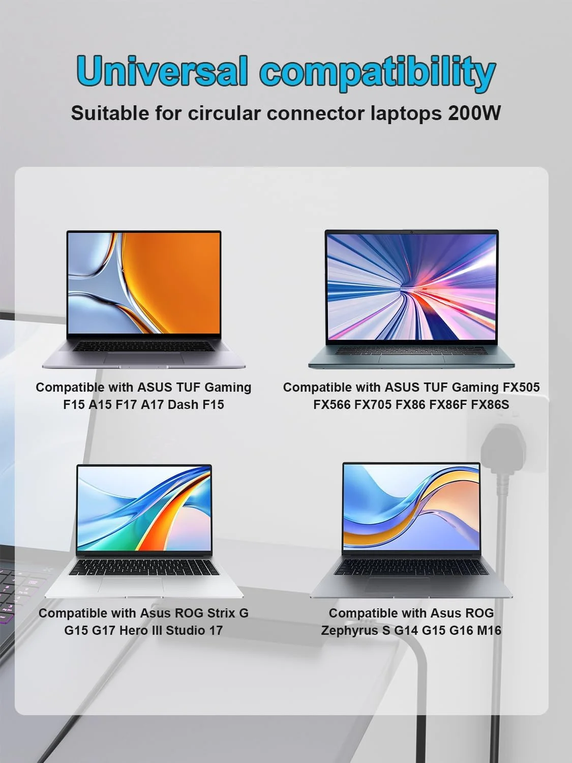 شارژر 200 واتی سازگار با لپ‌تاپ‌های ASUS TUF Dash F15 FX517 FX516 TUF F15 A15 F17 A17 FX507 FA507 FX707 FA707 FA506 FX506 FA706 ROG Strix G15 G17 G513 Zephyrus G15 GA503 Zenbook UX7602