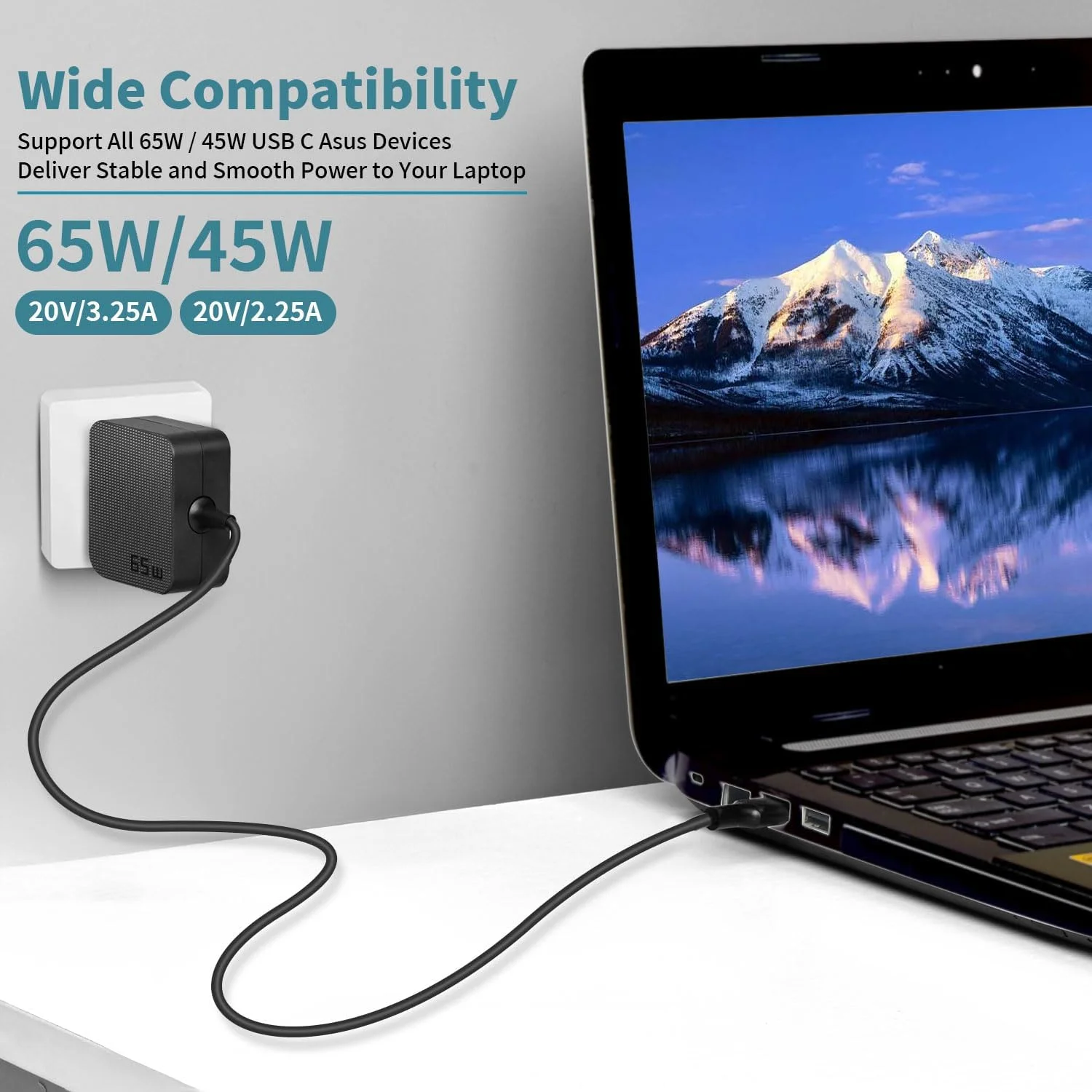 شارژر دیواری سریع 65 واتی USB C مدل PD برای کروم‌بوک، ایسوس، مک‌بوک پرو، دل لتیتود، لنوو تینک‌پد یوگا، اچ‌پی اسپکتر و سایر دستگاه‌های USB C