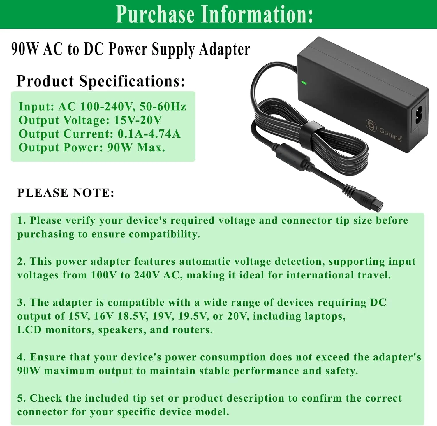 آداپتور برق جهانی گونین 90 وات شارژر لپ تاپ سازگار با لنوو، اچ پی، دل، ایسوس، ایسر، سامسونگ، سونی، فوجیتسو، نوت بوک، اولترابوک، کروم بوک با 15 سر