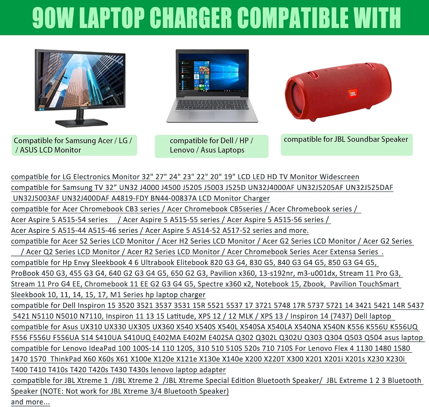 آداپتور برق جهانی گونین 90 وات شارژر لپ تاپ سازگار با لنوو، اچ پی، دل، ایسوس، ایسر، سامسونگ، سونی، فوجیتسو، نوت بوک، اولترابوک، کروم بوک با 15 سر