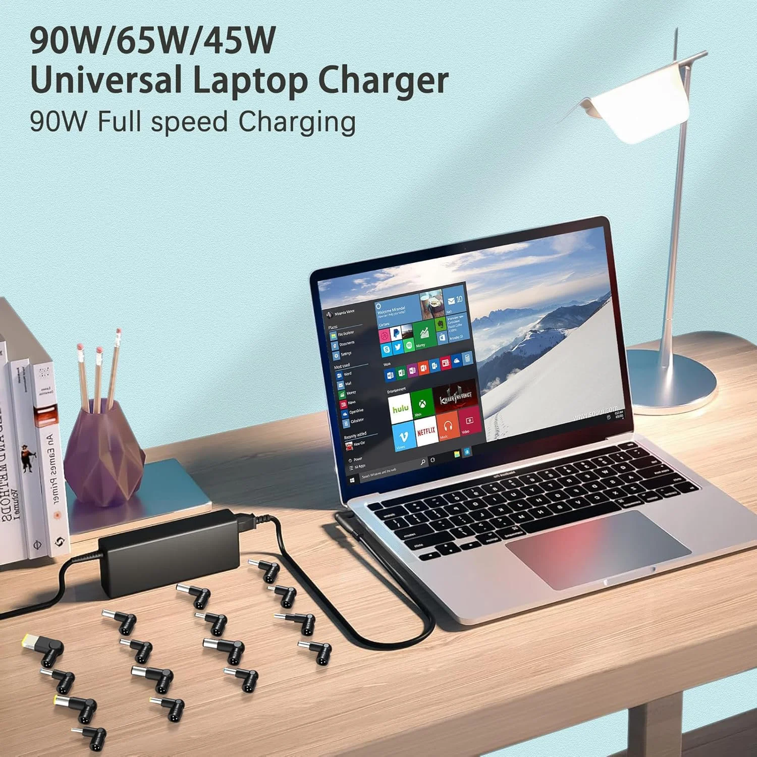 شارژر لپ تاپ یونیورسال 90 واتی سازگار با اچ پی، دل، لنوو، ایسر، ایسوس، آی بی ام، توشیبا، نوت بوک، الترابوک، کروم بوک با سیم شارژ سریع و 16 کانکتور