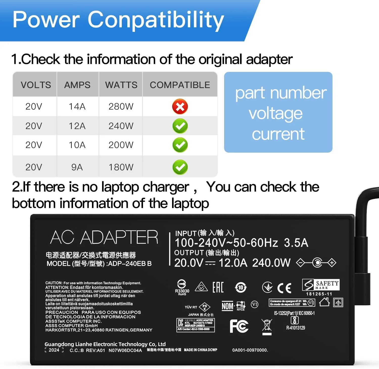 آداپتور برق 240W 20V 12A برای لپ تاپ های ASUS ROG Zephyrus Strix ZenBook Pro TUF Gaming 15 GX550LXS RTX2080 S15 S17 G15 G513 GX550LXS GA401 G733QM G733QR G733QS ADP-240EB