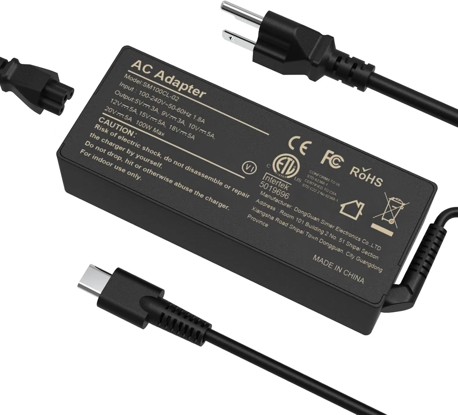 شارژر لپ‌تاپ 100 واتی USB C آداپتور برق PD3.0 Type C شارژ سریع سازگار با مک‌بوک پرو/ایر، لنوو Thinkpad/Yoga، دل Precision/Latitude، MSI HP Acer Asus و همه دستگاه‌های کامپیوتر USB-C
