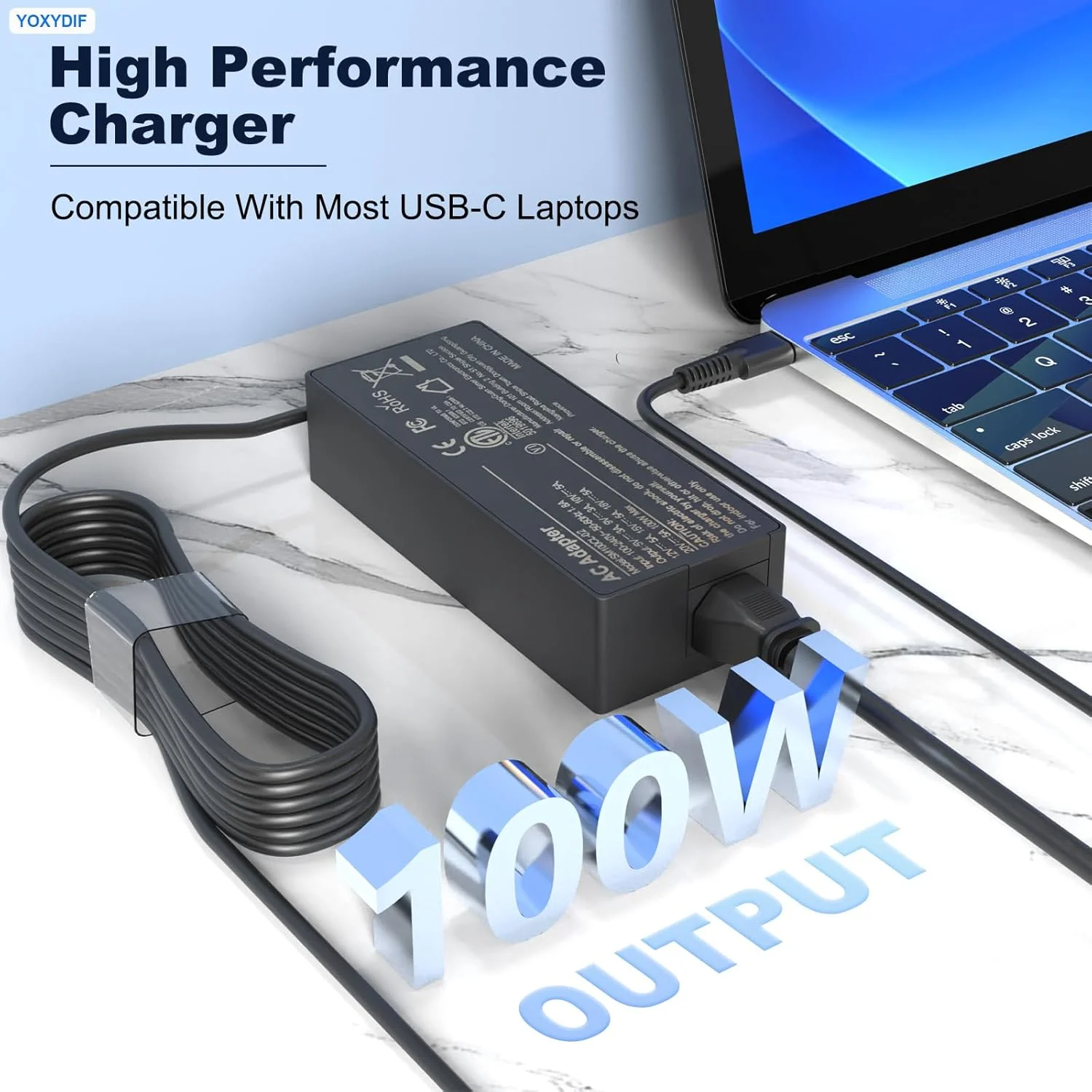 شارژر لپ‌تاپ 100 واتی USB C آداپتور برق PD3.0 Type C شارژ سریع سازگار با مک‌بوک پرو/ایر، لنوو Thinkpad/Yoga، دل Precision/Latitude، MSI HP Acer Asus و همه دستگاه‌های کامپیوتر USB-C