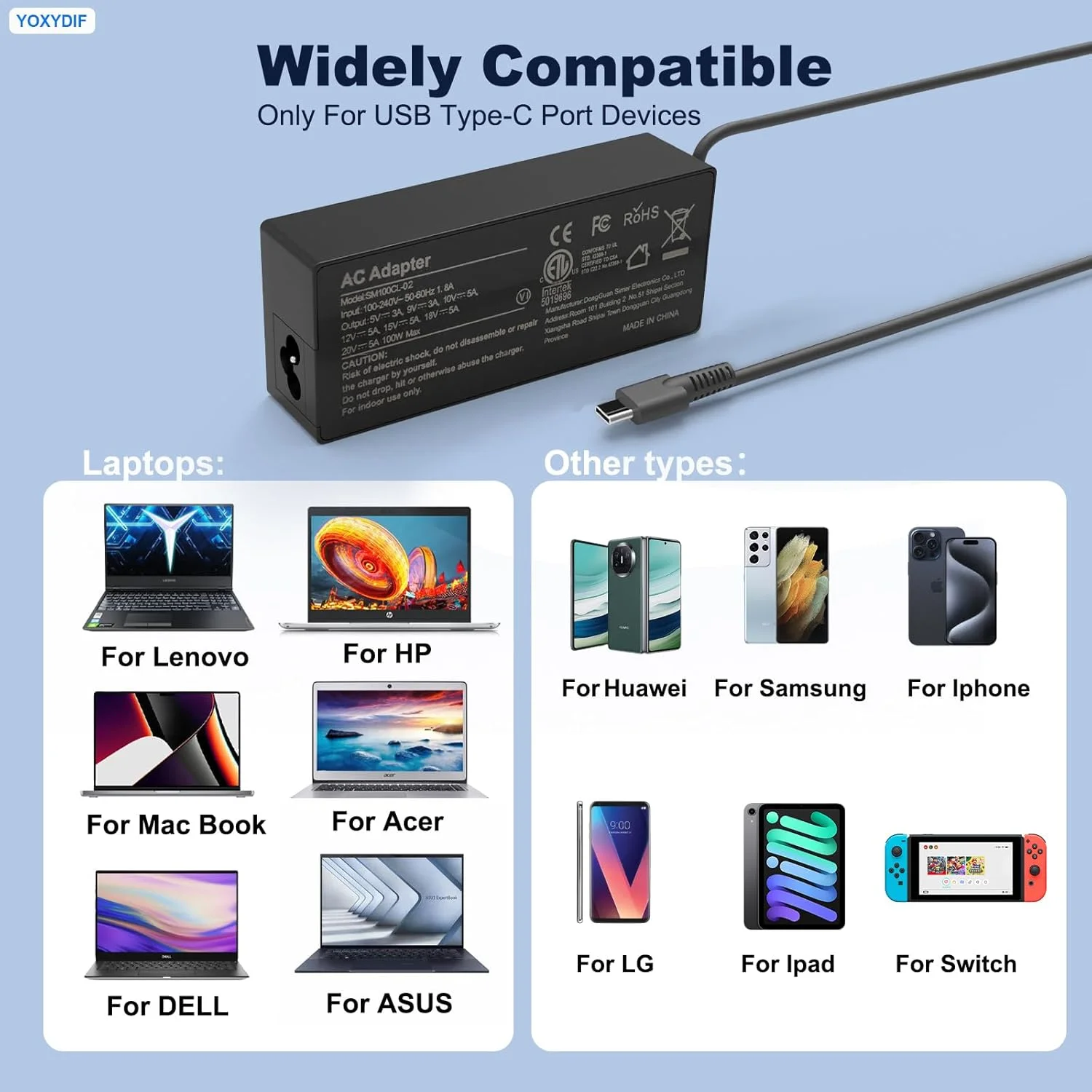 شارژر لپ‌تاپ 100 واتی USB C آداپتور برق PD3.0 Type C شارژ سریع سازگار با مک‌بوک پرو/ایر، لنوو Thinkpad/Yoga، دل Precision/Latitude، MSI HP Acer Asus و همه دستگاه‌های کامپیوتر USB-C