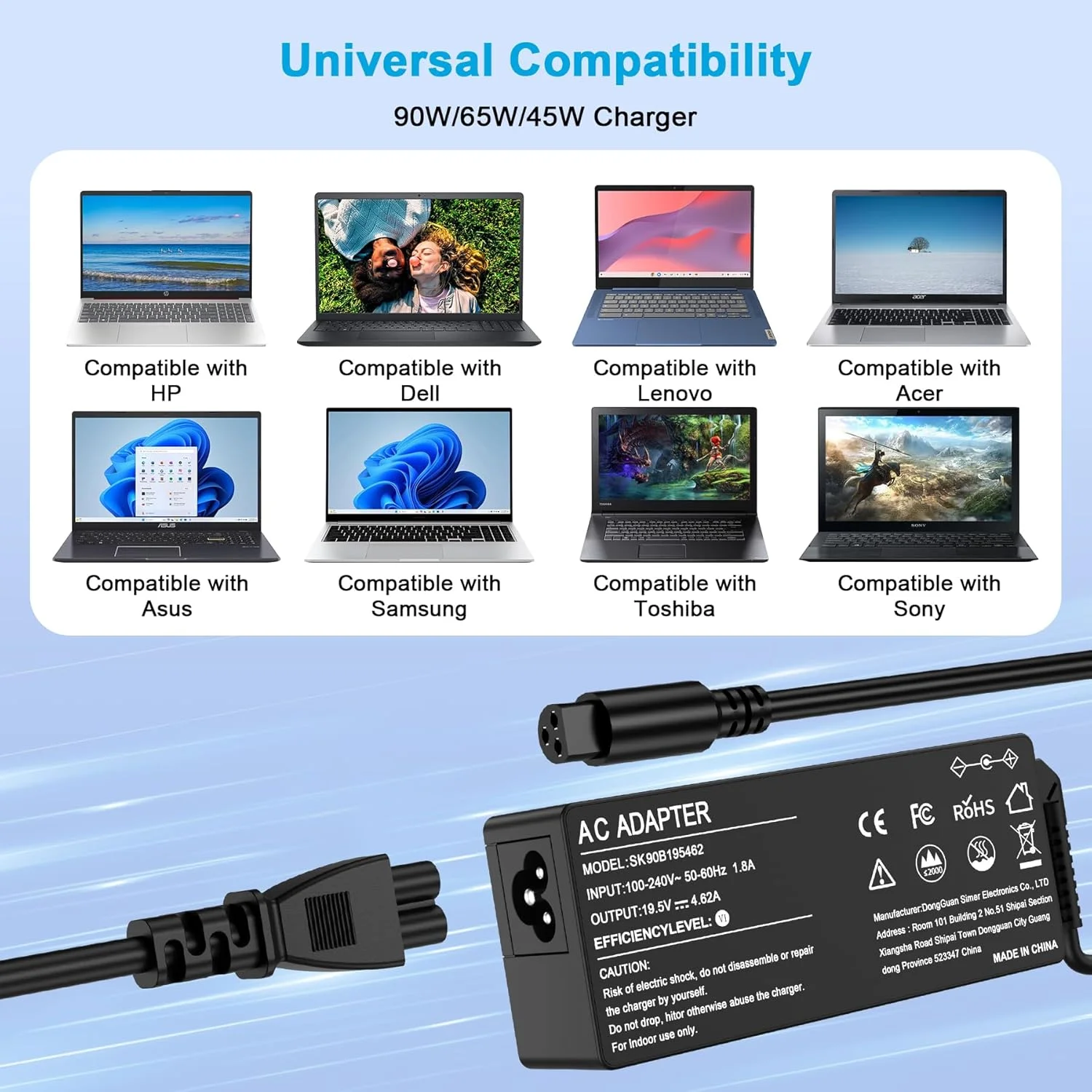 آداپتور AC جهانی 90W 65W جایگزین شارژر لپ تاپ برای لنوو، اچ پی، دل، ایسوس، سامسونگ، آی بی ام، توشیبا، سونی، فوجیتسو، گیت وی به همراه 16 سر