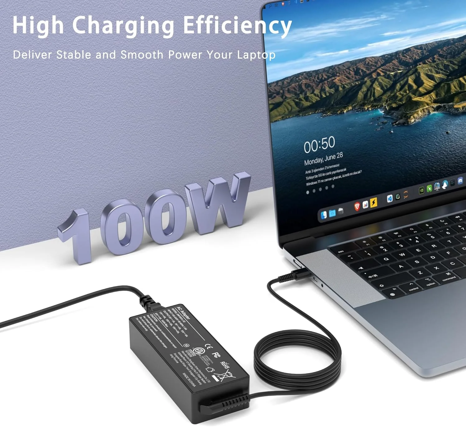 شارژر لپ‌تاپ 100 واتی USB C آداپتور برق جهانی سازگار با لنوو، مک بوک پرو/ایر 16، 15، 14، 13 اینچی، دل، ایسوس و سایر کروم‌بوک‌ها با سیم برق Type C