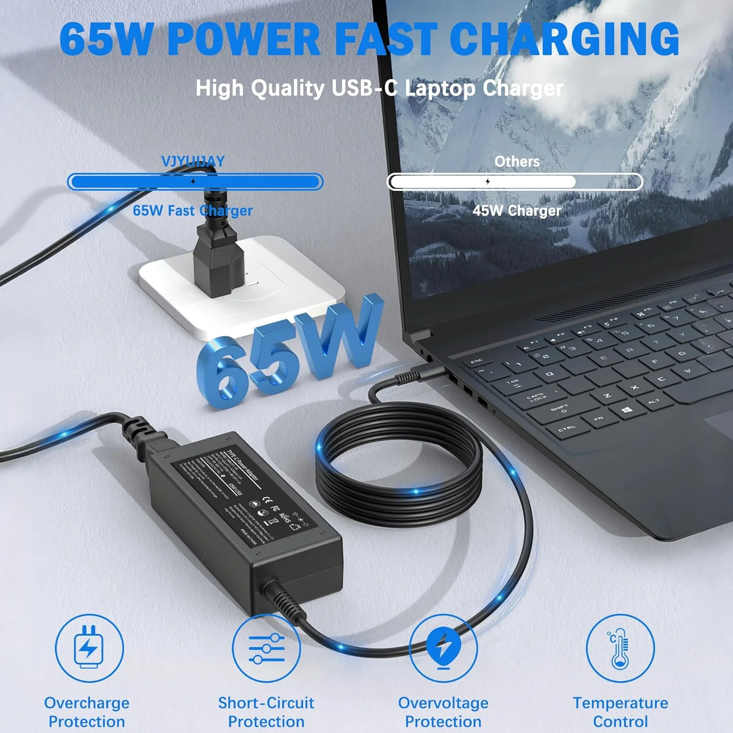 شارژر لپ تاپ یونیورسال 65 واتی USB C سازگار با کروم بوک HP، لنوو، دل، ایسر، ایسوس، سامسونگ، گوگل، آداپتور برق Type C