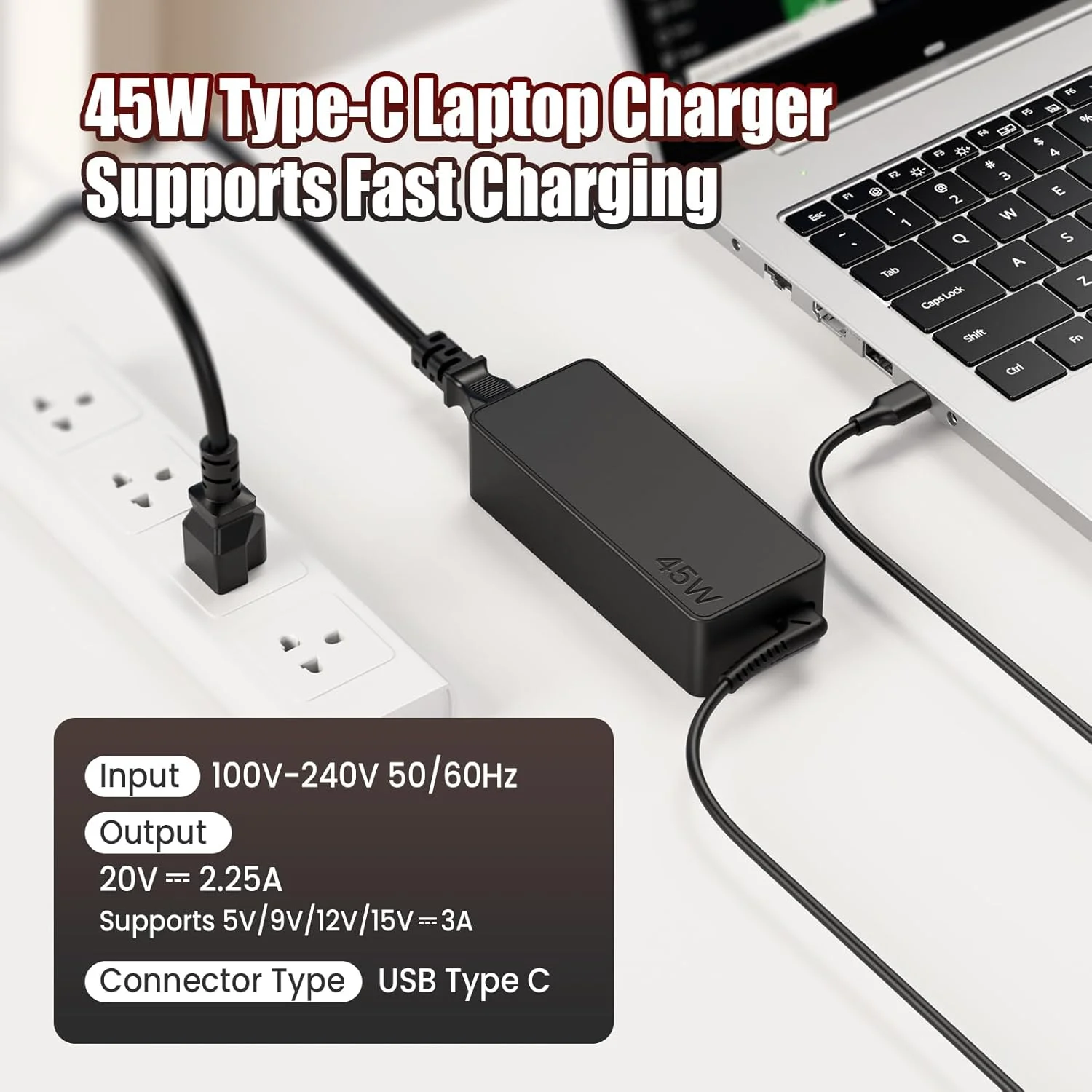 شارژر لپ‌تاپ 45 واتی USB C سازگار با مدل‌های کروم‌بوک USB-C از ASUS Acer HP Lenovo Dell، آداپتور Type C PD برای کروم‌بوک x360 Flip Spin C434 C536 314 315 Duet 3 5i 13 14 15