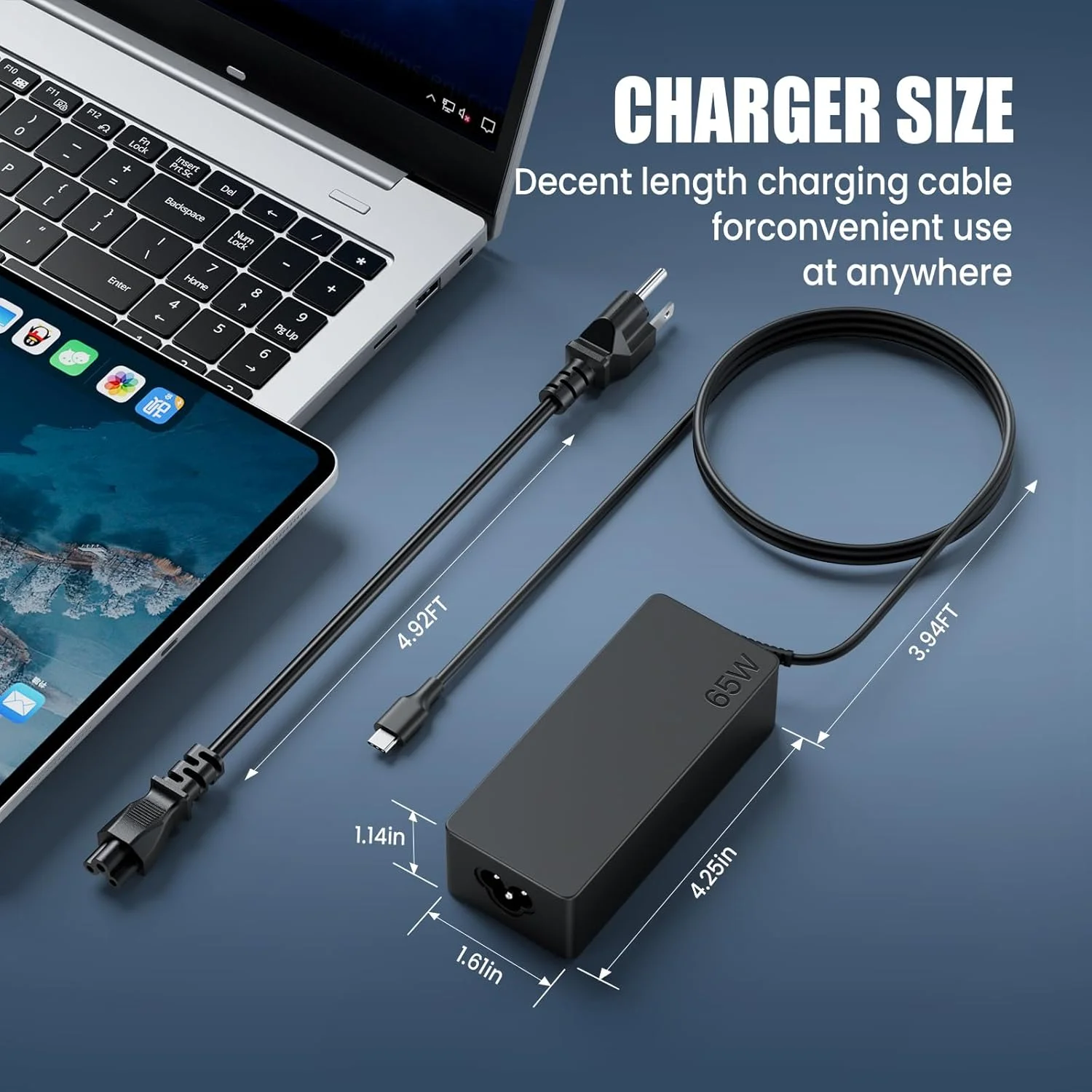 آداپتور شارژر لپ تاپ 65 وات USB Type C جایگزین برای Hp Chromebook 14 13 X360 Spectre x360 Elite x2 EliteBook; Lenovo Yoga, Dell, ASUS, Acer Type C با سیم