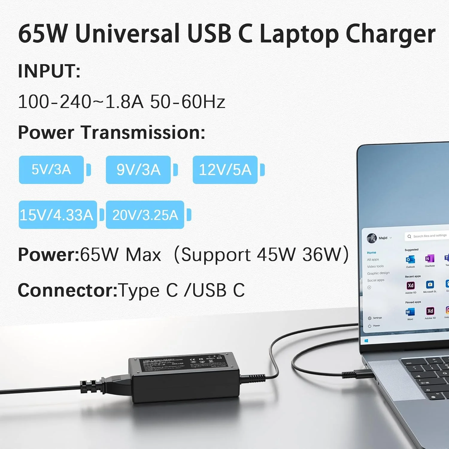 شارژر یونیورسال 65 واتی USB C لپ تاپ سازگار با HP Dell Lenovo Asus Acer Samsung Thinkpad Yoga EliteBook Google Chromebook کابل برق کامپیوتر Type C آداپتور AC