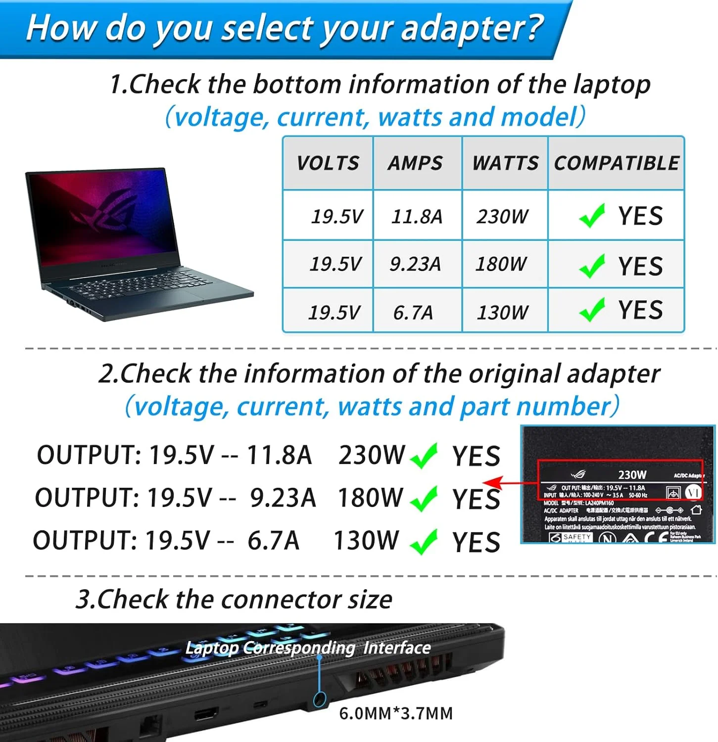 شارژر لپ تاپ 230 واتی VHBW سازگار با ایسوس TUF Rog Zephyrus GX701GX GX701GW GX501V GL504G GU501G GU501GM GU502GU GU502LW GU502LWS GU502LU Strix Scar II GL704GM