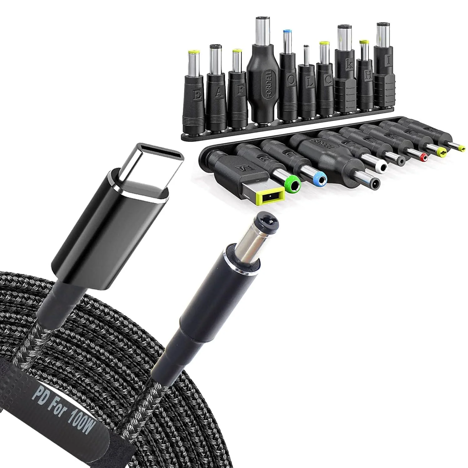 مجموعه 19 عددی آداپتور USB C به DC - کیت پلاگین برق، کابل شارژ یونیورسال بافته شده PD و جک استوانه ای گرد 5.5x2.1 میلی متری برای کانکتورهای شارژ لپ تاپ MSI Acer Asus Thinkpad IBM Lenovo Dell HP