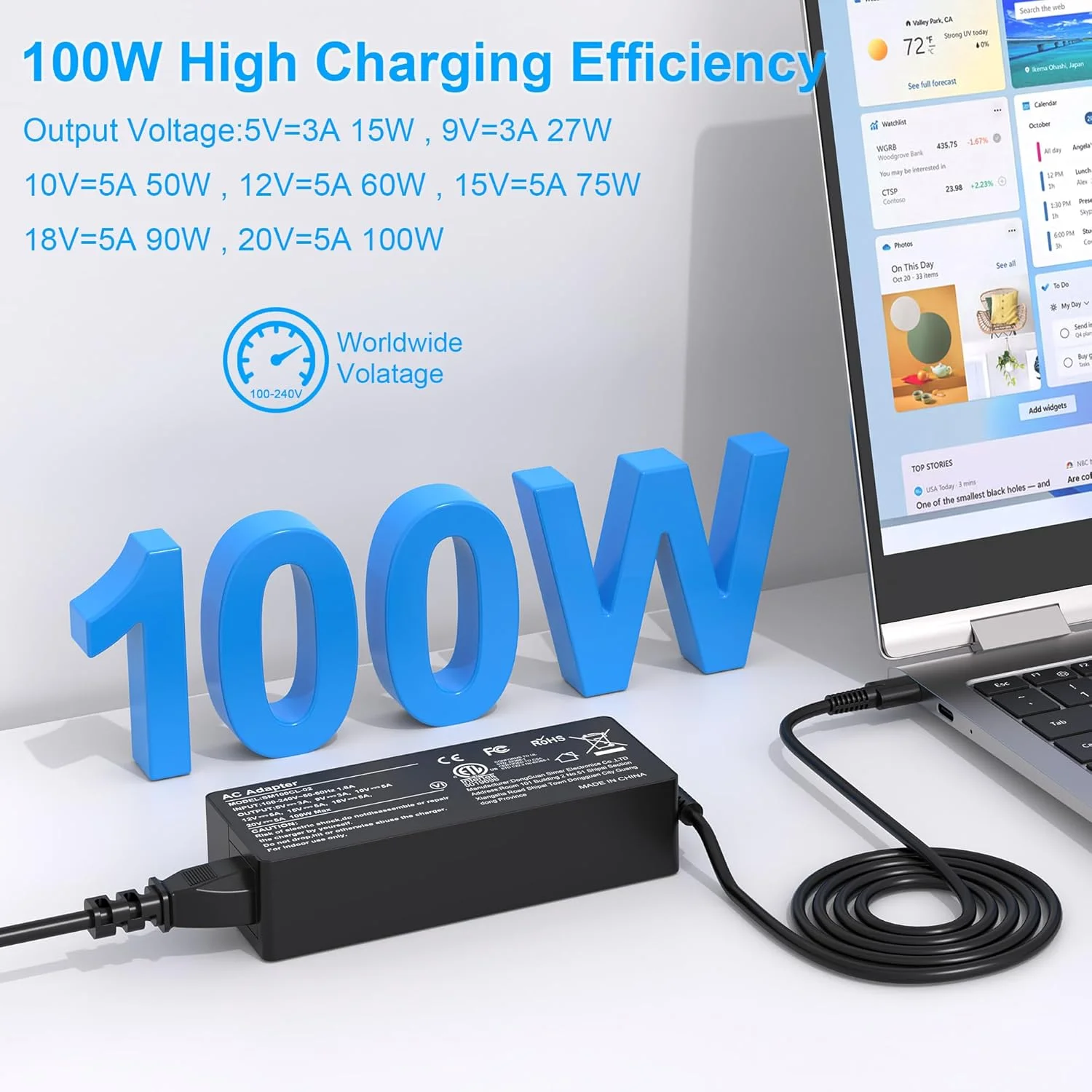 شارژر لپ تاپ USB C 100W، شارژر سریع جهانی USB C سازگار با Lenovo MacBook Pro, MacBook Air, HP, Asus, Acer, MSI, Dell Type C AC Adapters سازگار با 90W 65W 45W PD 3.0