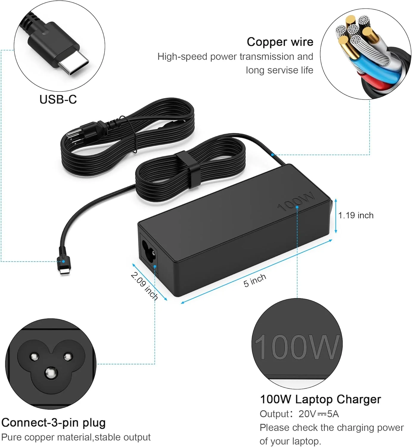 شارژر لپ تاپ USB C 100W، شارژر سریع جهانی USB C سازگار با Lenovo MacBook Pro, MacBook Air, HP, Asus, Acer, MSI, Dell Type C AC Adapters سازگار با 90W 65W 45W PD 3.0