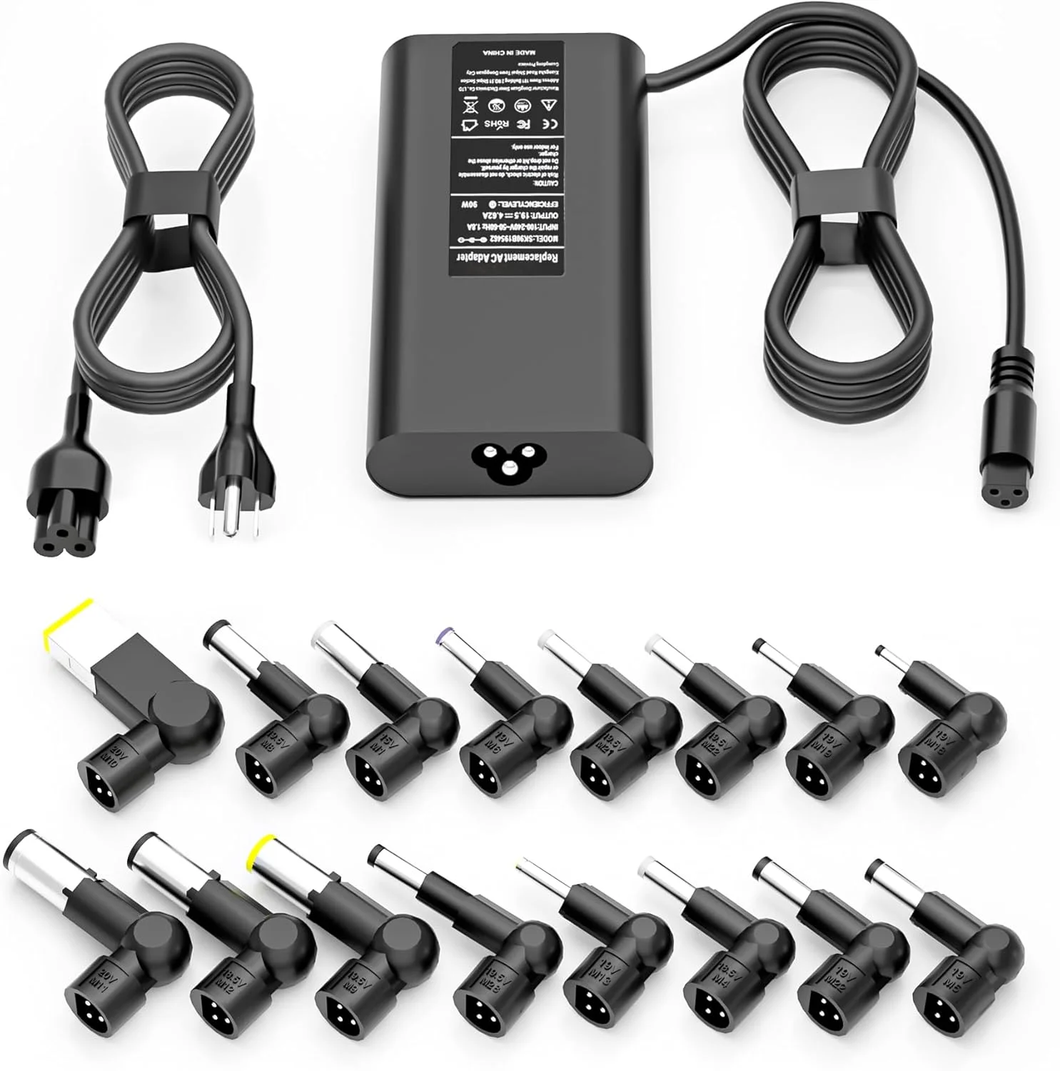 آداپتور شارژر لپ تاپ باریک و جهانی 90 واتی سازگار با دل، اچ پی، ایسر، ایسوس، لنوو، آی بی ام، سونی، فوجیتسو، گیت وی، نوت بوک، الترابوک، کروم بوک به همراه 16 سر