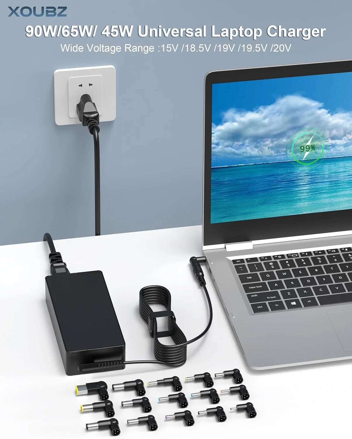 شارژر لپ تاپ یونیورسال 90 واتی XOUBZ سازگار با HP، Lenovo، Dell، Acer، Asus، Toshiba، IBM، Fujitsu، نوت بوک، الترابوک، کروم بوک، آداپتور AC با 16 سر