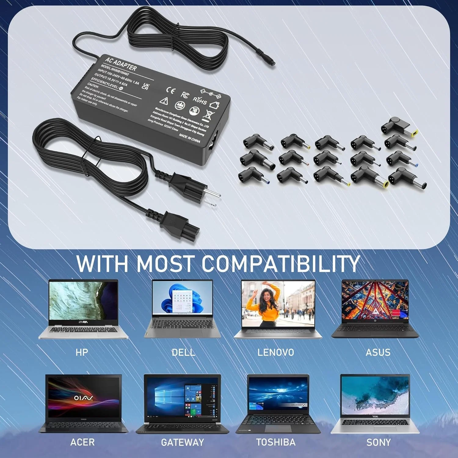 آداپتور برق 90 واتی یونیورسال برای لپ تاپ جایگزین شارژر برای اچ پی، دل، ایسر، ایسوس، لنوو، سامسونگ، آی بی ام، توشیبا، سونی، فوجیتسو، گیت وی، نوت بوک، اولترابوک، کروم بوک به همراه 16 سر مختلف
