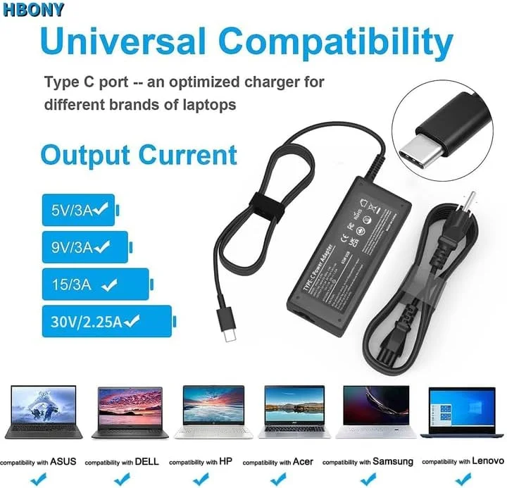 شارژر یونیورسال کروم‌بوک USB-C سازگار با اچ‌پی/لنوو/دل/ایسوس/سامسونگ/ایسر 45 وات 65 وات USB C شارژر لپ‌تاپ کامپیوتر تایپ C، Thinkpad/Yoga/Envy/Elitebook/Spectre x360 2/Latitude آداپتور سیم برق