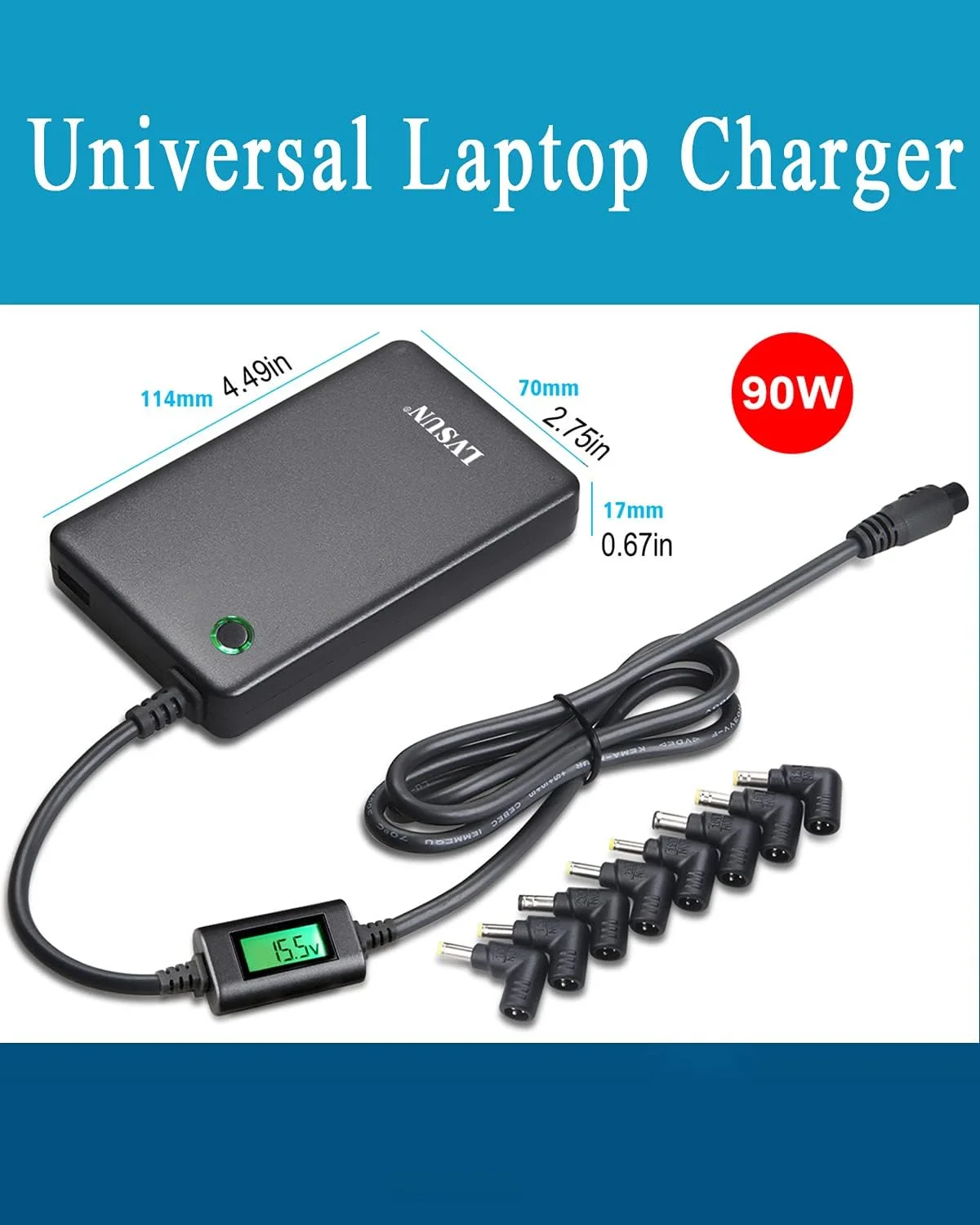 شارژر لپ تاپ یونیورسال با نمایشگر LCD، آداپتور AC باریک 90 واتی با پورت USB 5V2.1A برای موبایل | تبلت سازگار با لنوو، اچ پی، دل، توشیبا، سامسونگ، ایسر، ایسوس و اکثر نوت بوک ها