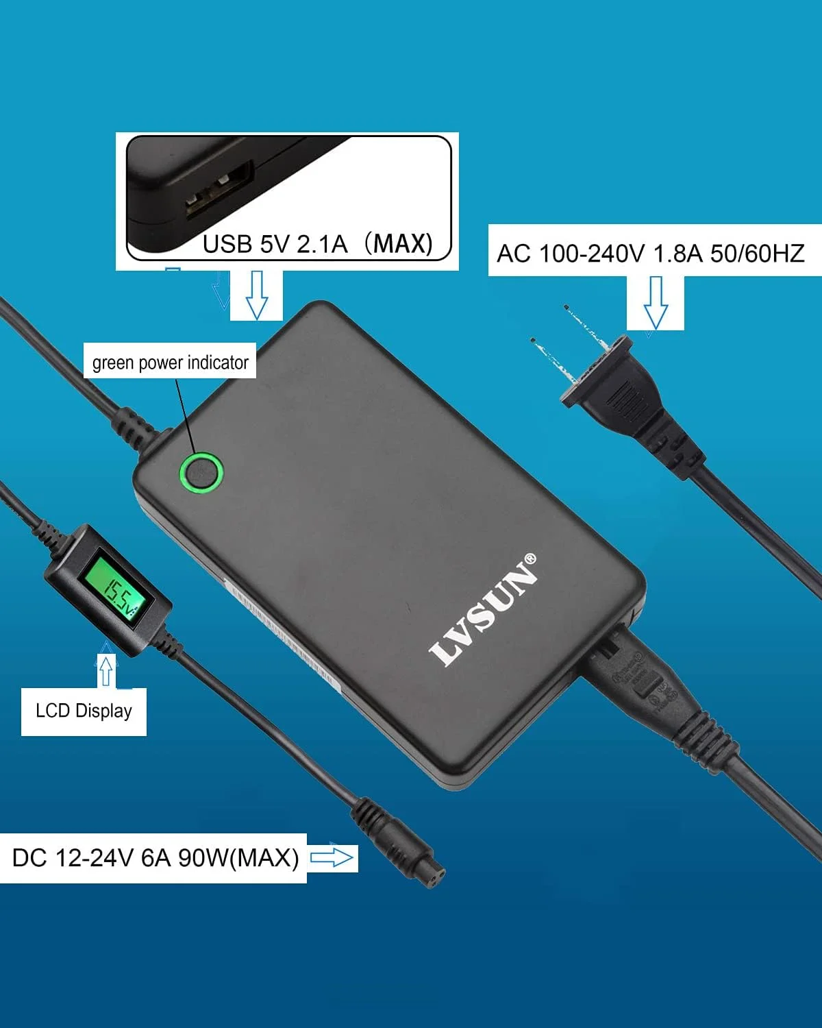 شارژر لپ تاپ یونیورسال با نمایشگر LCD، آداپتور AC باریک 90 واتی با پورت USB 5V2.1A برای موبایل | تبلت سازگار با لنوو، اچ پی، دل، توشیبا، سامسونگ، ایسر، ایسوس و اکثر نوت بوک ها