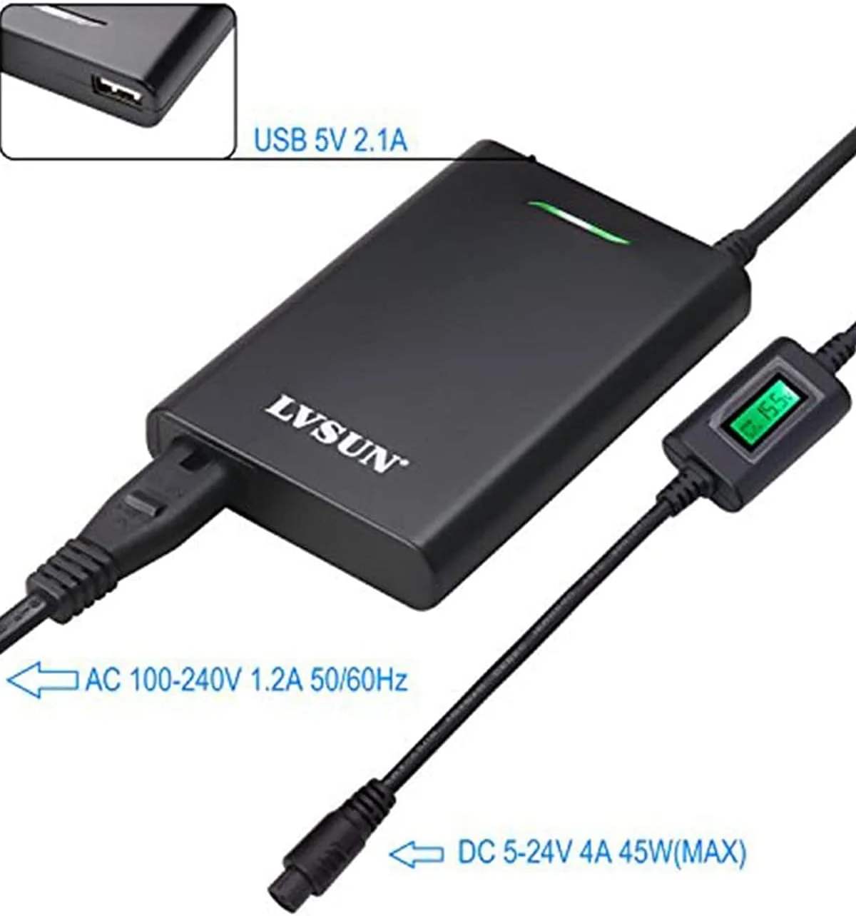 Universal Laptop Charger with LCD Display 45W Ultra Slim AC Adapter Power Supply Cord with USB Port 5v 2.1a for Mobile| Tablet- for Notebooks Lenovo HP Toshiba Samsung Acer Asus Sony and More