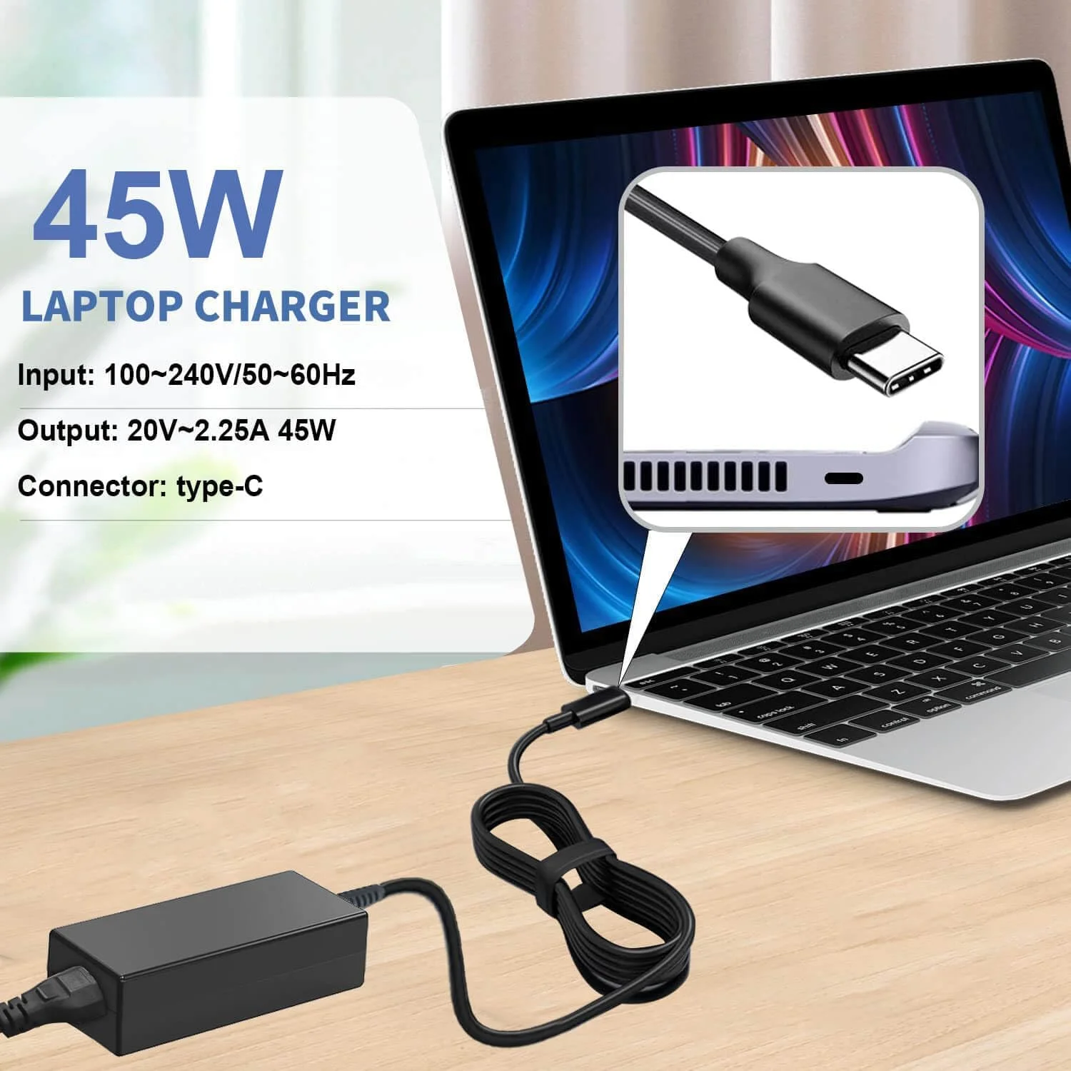 شارژر یونیورسال 45 واتی USB-C برای کروم‌بوک، مناسب برای HP Chromebook X360 11 13 14 14A Elite X2، شارژر تایپ C کروم‌بوک، شارژر لپ‌تاپ گوگل تایپ C، آداپتور منبع تغذیه ASUS USB C