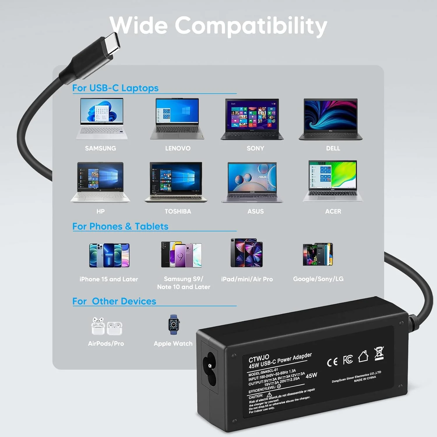 آداپتور شارژر لپ تاپ 45 وات USB C سازگار با HP، Acer، Dell، Le novo، Asus، منبع تغذیه Type C به همراه کابل