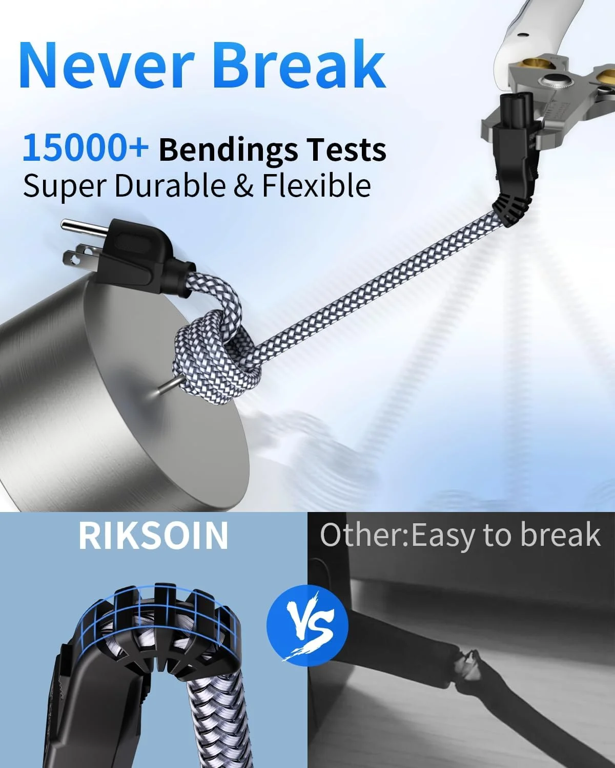 کابل برق 3 پین لپ تاپ، 2 متری، کابل برق جهانی بافته شده 3 پین برای لپ تاپ/نوت بوک های دل، اچ پی، ال جی، لنوو، ایسوس، ایسر، توشیبا، مانیتورها، پرینترها، NEMA 5-15P به C5