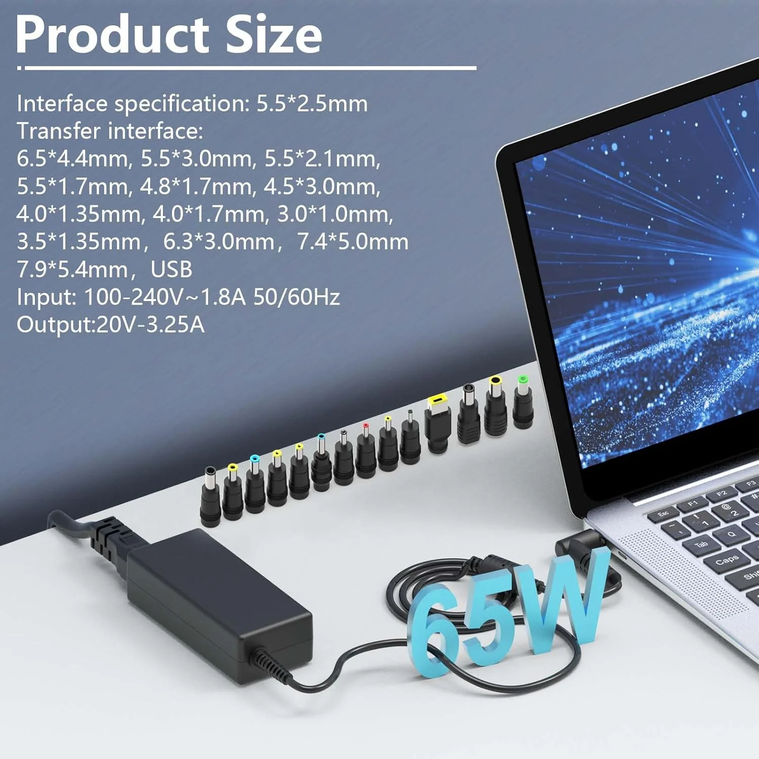 شارژر لپ تاپ یونیورسال 19 ولت 3.42 آمپر DC سازگار با HP Lenovo Dell ASUS Gateway Acer Monitor 65 وات