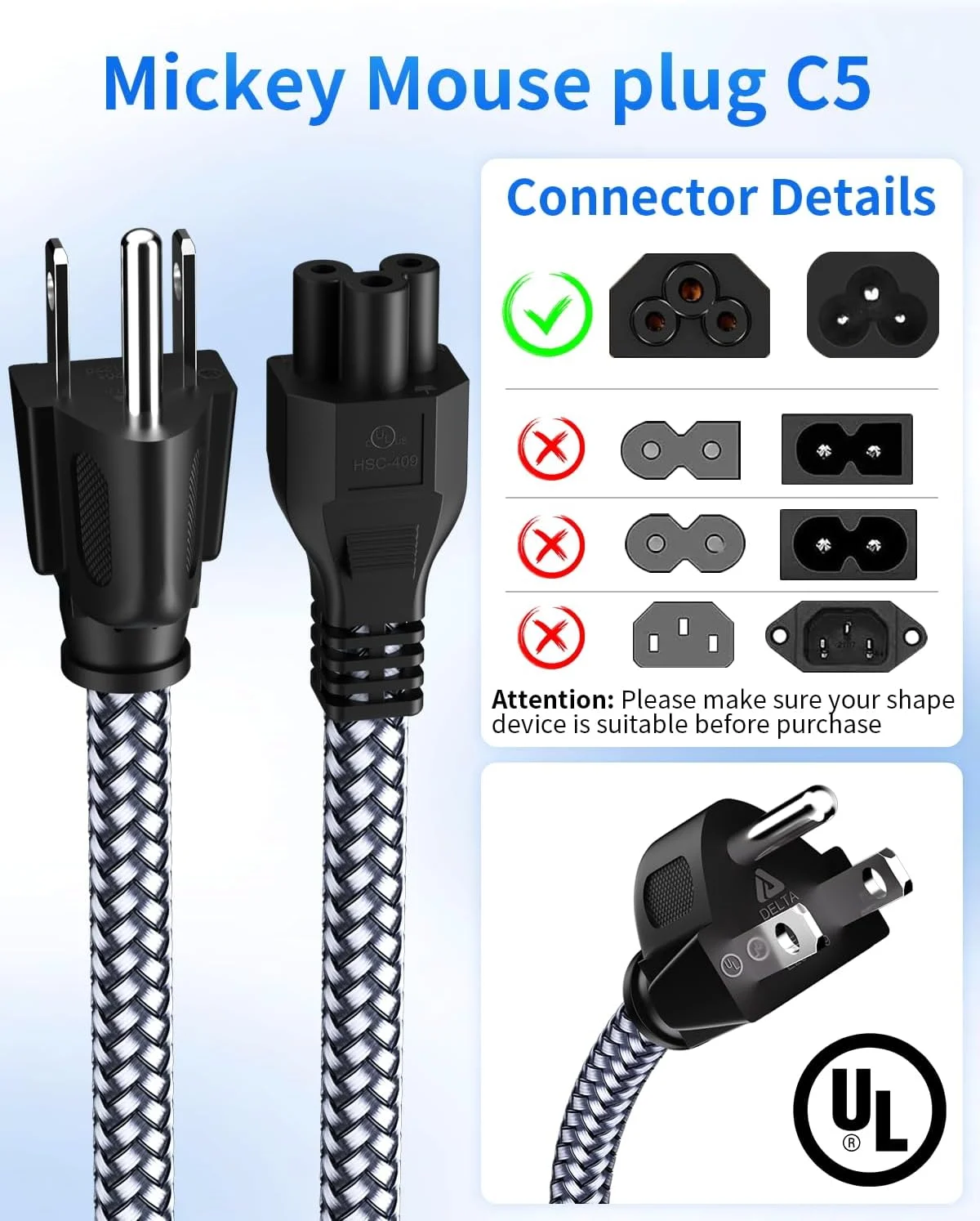 کابل برق 3 پین لپ تاپ، 2 متری، کابل برق جهانی بافته شده 3 پین برای لپ تاپ/نوت بوک های دل، اچ پی، ال جی، لنوو، ایسوس، ایسر، توشیبا، مانیتورها، پرینترها، NEMA 5-15P به C5