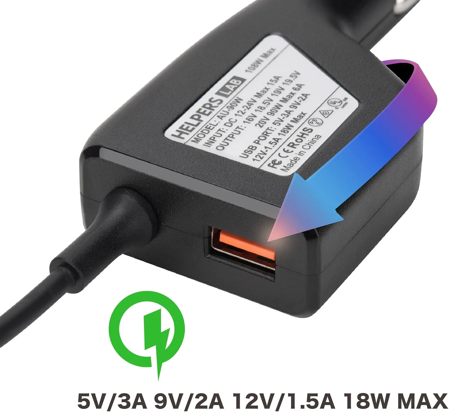 شارژر فندکی لپ تاپ یونیورسال 108 وات 90 وات با آداپتور QC3.0 18 وات DC، منبع تغذیه 16 ولت 18.5 ولت 19 ولت 19.5 ولت 20 ولت برای لپ تاپ های HP Dell IBM Lenovo Acer Asus Compaq Toshiba Samsung Sony 12-24 ولت