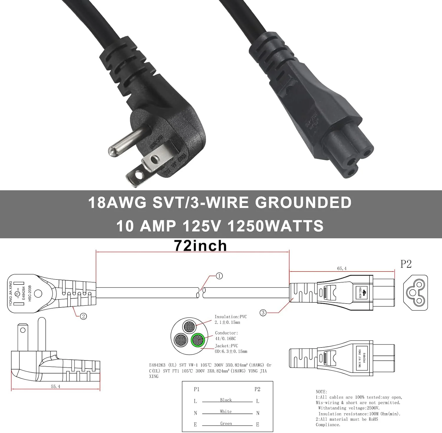 سیم برق استاندارد لپ تاپ آمریکا - 1.8 متری 18AWG دوشاخه تخت 90 درجه NEMA 5-15P به Iec 60320 C5، کابل برق AC سه شاخه جهانی جایگزین شارژر رومیزی برای آداپتور کامپیوتر نوت بوک تلویزیون پرینتر