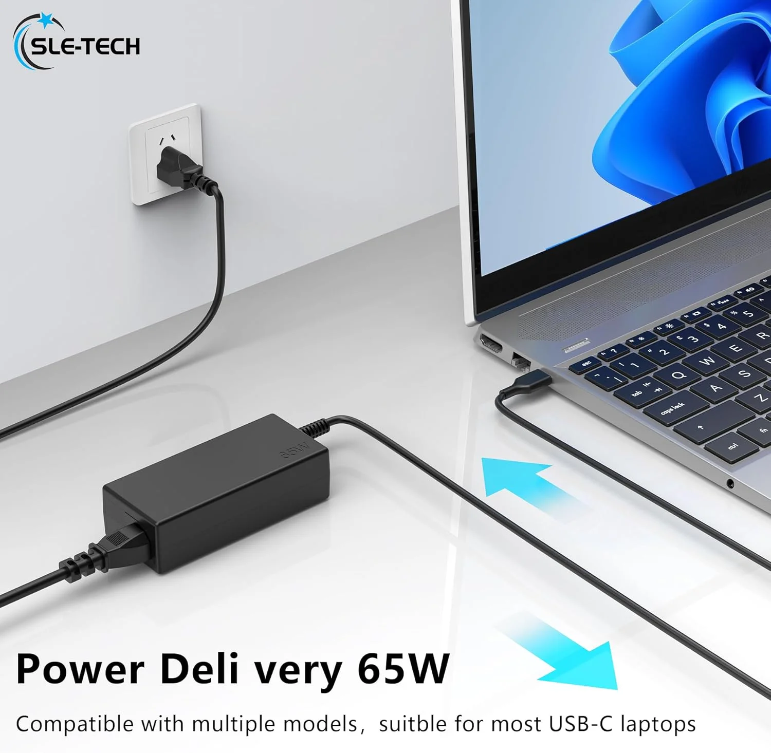 شارژر لپ تاپ 65 واتی USB C سازگار با سری لپ تاپ های Hp Chromebook 14 14A G5 11 11A G6 G7 G8 EE R13 X360