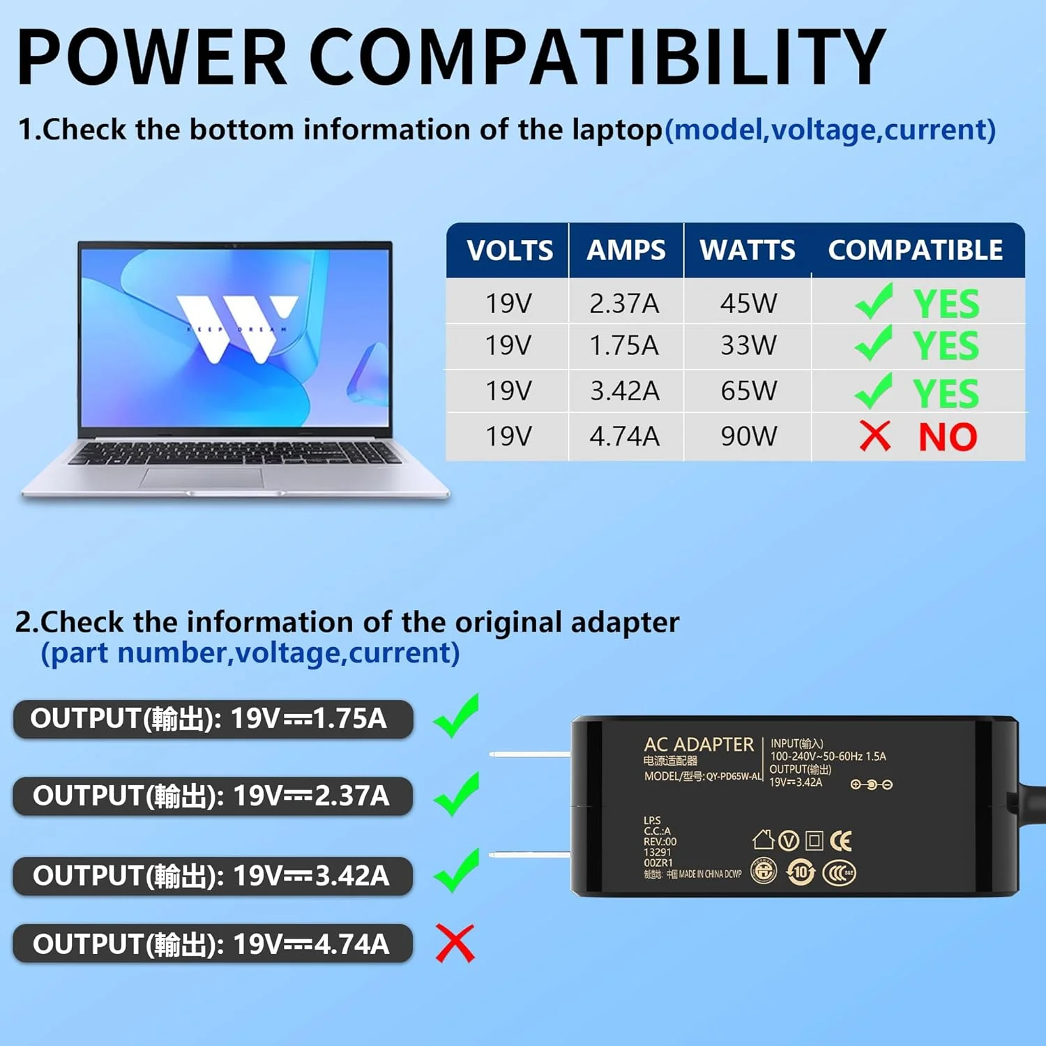 شارژر 65 واتی AC با خروجی 19 ولت 3.42 آمپر، رابط دایره ای 4.0 1.35، سازگار با لپ تاپ های سری Asus Vivobook شارژر 65 واتی AC با خروجی 19 ولت 3.42 آمپر، رابط دایره ای 4.0 1.35، سازگار با لپ تاپ های سری Asus Vivobook