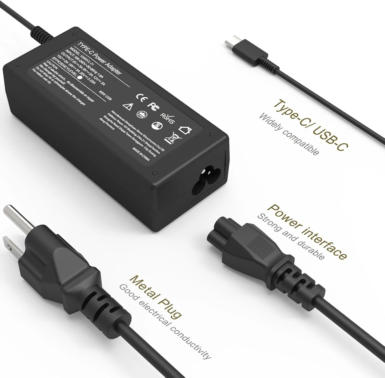 شارژر لپ تاپ یونیورسال 65 واتی تایپ C USB C کروم بوک سازگار با Dell Chromebook 3100 3300 3380 3400 3500 5190 5300 5400 7200، مناسب برای آداپتور سیم برق Acer/HP/Samsung/Google/Asus/Lenovo