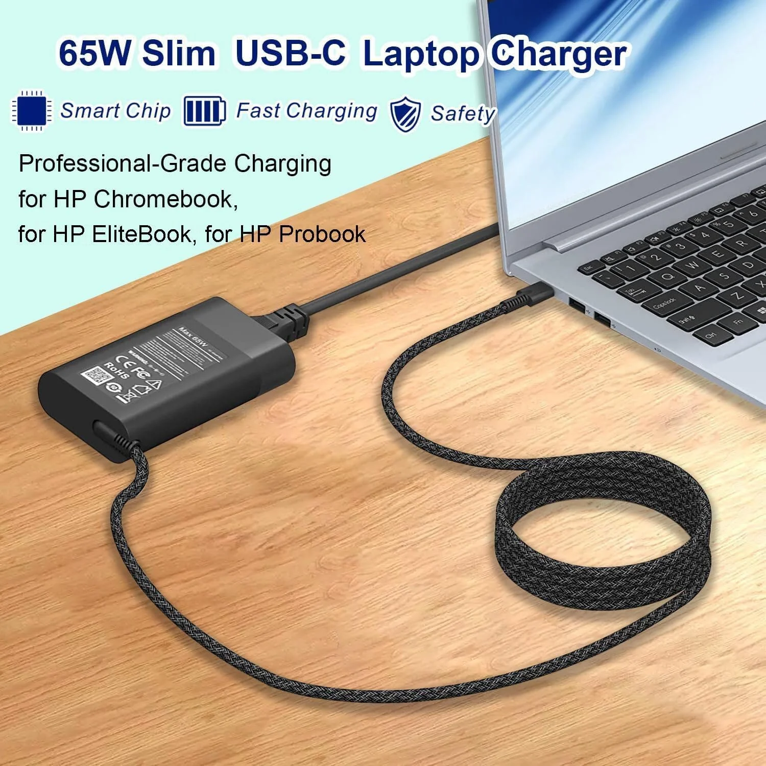 New Slim for HP 65W Laptop Charger USB C,Replacement for HP Envy X360,Spectre X360,Elitebook x360,HP Computer Chromebook,Zbook,Elite x2,ProBook,Pavilion Travel Type C Power Cord Ac Adapter