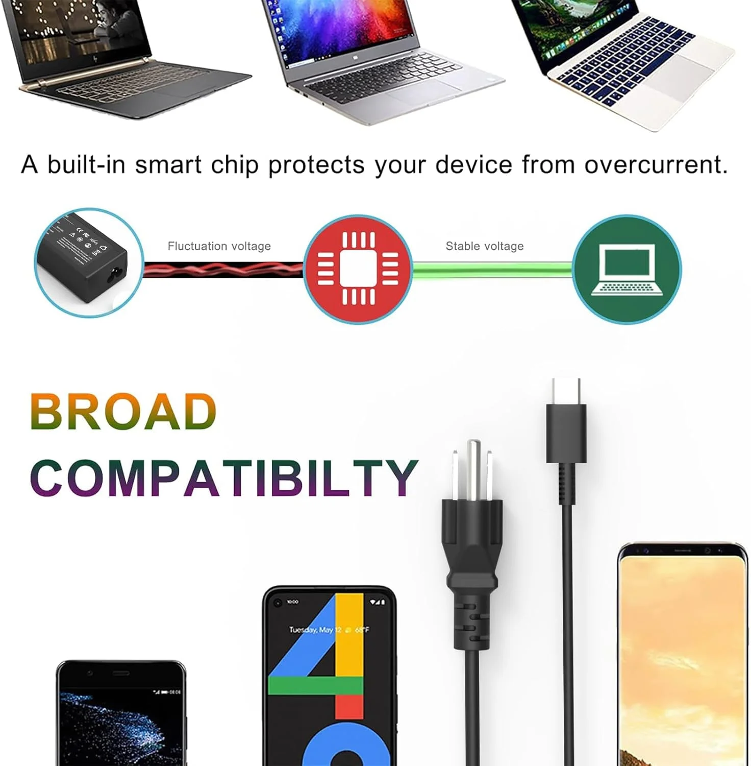 شارژر لپ تاپ یونیورسال 65 واتی تایپ C USB C کروم بوک سازگار با Dell Chromebook 3100 3300 3380 3400 3500 5190 5300 5400 7200، مناسب برای آداپتور سیم برق Acer/HP/Samsung/Google/Asus/Lenovo