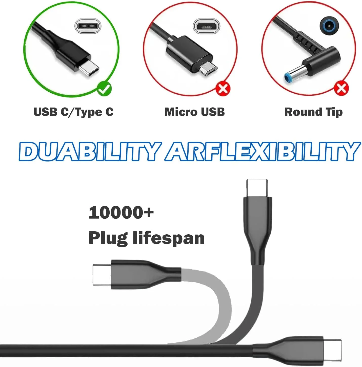 شارژر لپ تاپ 45 واتی جایگزین برای سری های اچ پی کروم بوک اسپکتر ایکس 360 لنوو تینک پد یوگا دل کروم بوک لتیتود ایسر ایسوس سامسونگ گوگل، سیم برق یونیورسال تایپ سی USB C