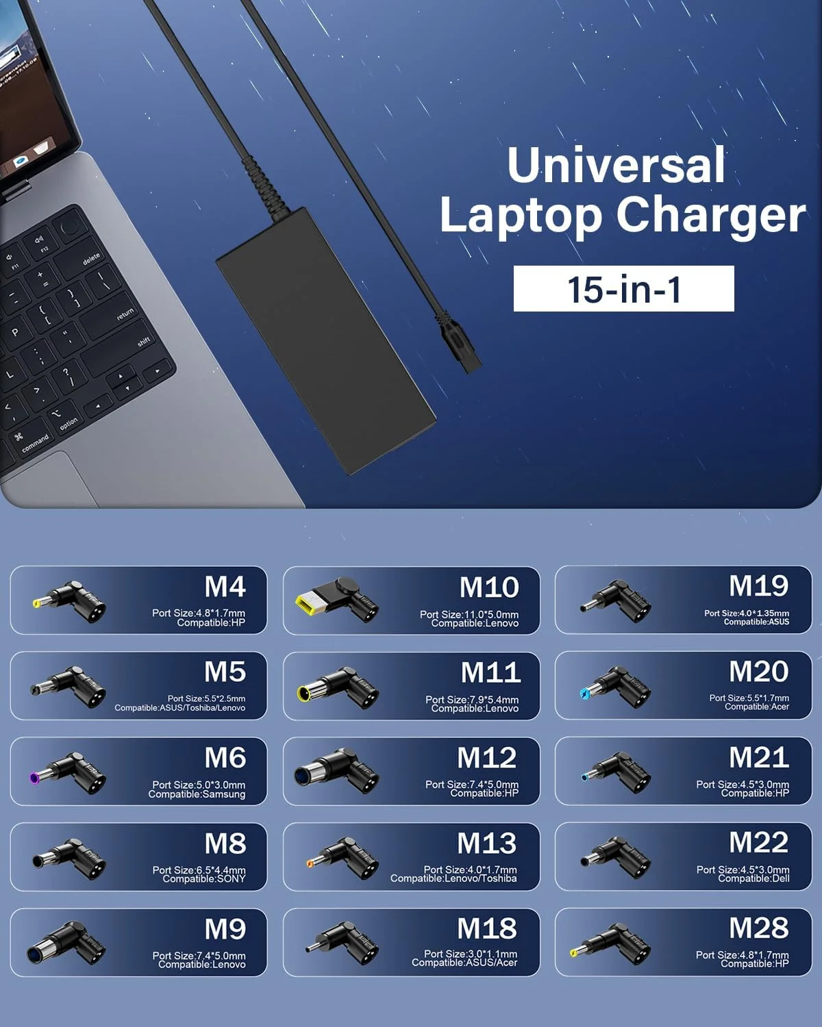 شارژر لپ تاپ یونیورسال 90 واتی سازگار با HP، Dell، Asus، Lenovo، Acer، Sony، Gateway، نوت بوک، اولترابوک، آداپتور AC، منبع تغذیه Chromebook با 15 سر مختلف