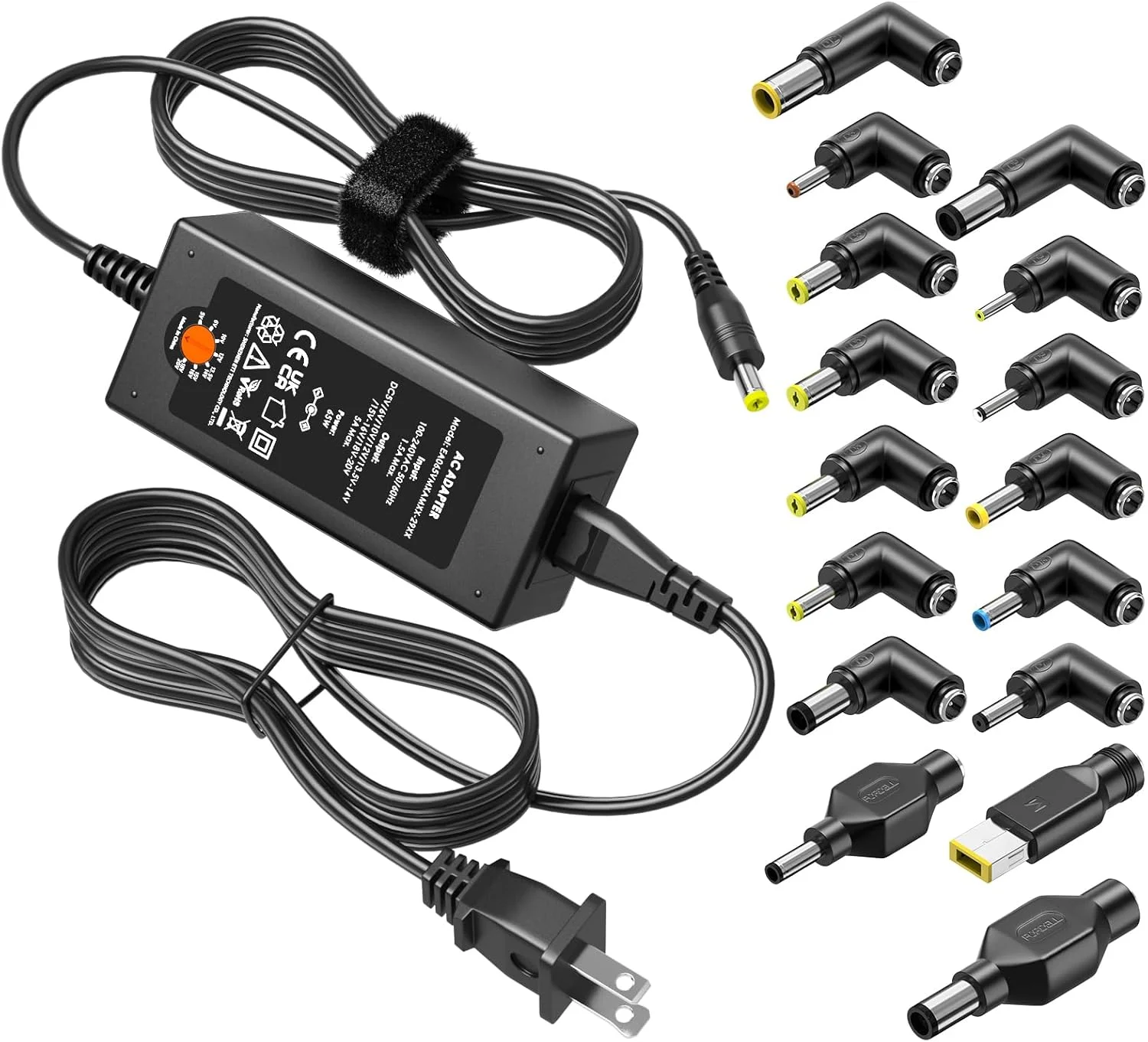 شارژر لپ تاپ یونیورسال 65 واتی Powseed برای لنوو، اچ پی، دل، ایسر، ایسوس، گیت وی، سامسونگ، مانیتور، سیم برق 5 ولت، 6 ولت، 10 ولت، 12 ولت، 13.5 ولت، 14 ولت، 15 ولت، 16 ولت، 18 ولت، 18.5 ولت، 19 ولت، 19.5 ولت، 20 ولت DC با 16 سر