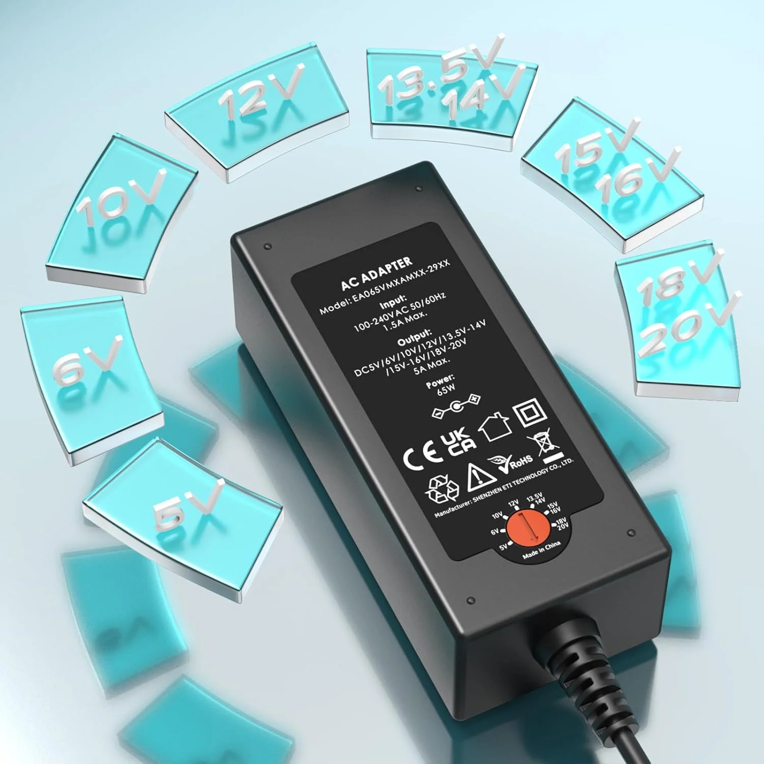 شارژر لپ تاپ یونیورسال 65 واتی Powseed برای لنوو، اچ پی، دل، ایسر، ایسوس، گیت وی، سامسونگ، مانیتور، سیم برق 5 ولت، 6 ولت، 10 ولت، 12 ولت، 13.5 ولت، 14 ولت، 15 ولت، 16 ولت، 18 ولت، 18.5 ولت، 19 ولت، 19.5 ولت، 20 ولت DC با 16 سر