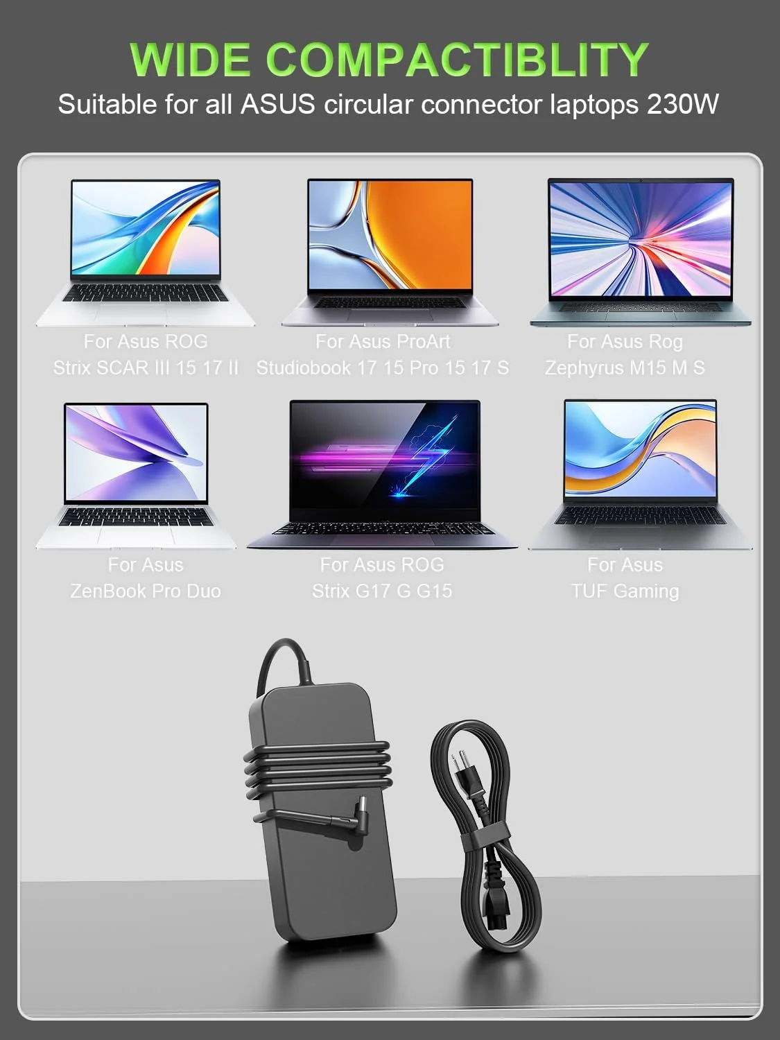 شارژر 230 واتی سازگار با لپ‌تاپ‌های ASUS ROG Zephyrus M15 S M GU502 GM501 GX502 GX701 GX531 GX501 GU501 Strix Scar II III 17 15 G17 G15 G GL704 GL504 G732 G512 ProArt15 17