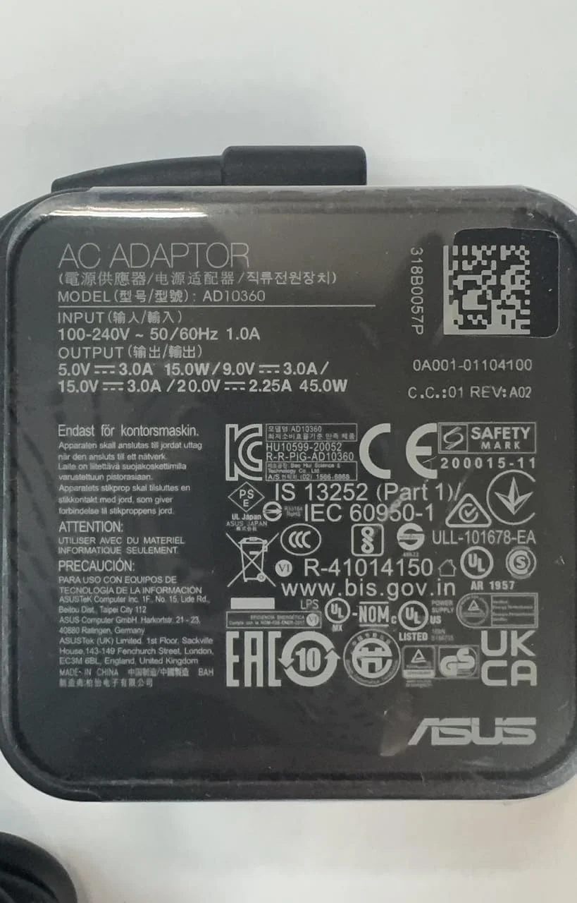 شارژر لپ‌تاپ 45 واتی USB-C سازگار با Asus AD10360 برای مدل‌های منتخب Asus ZenBook، ExpertBook، VivoBook و Chromebook